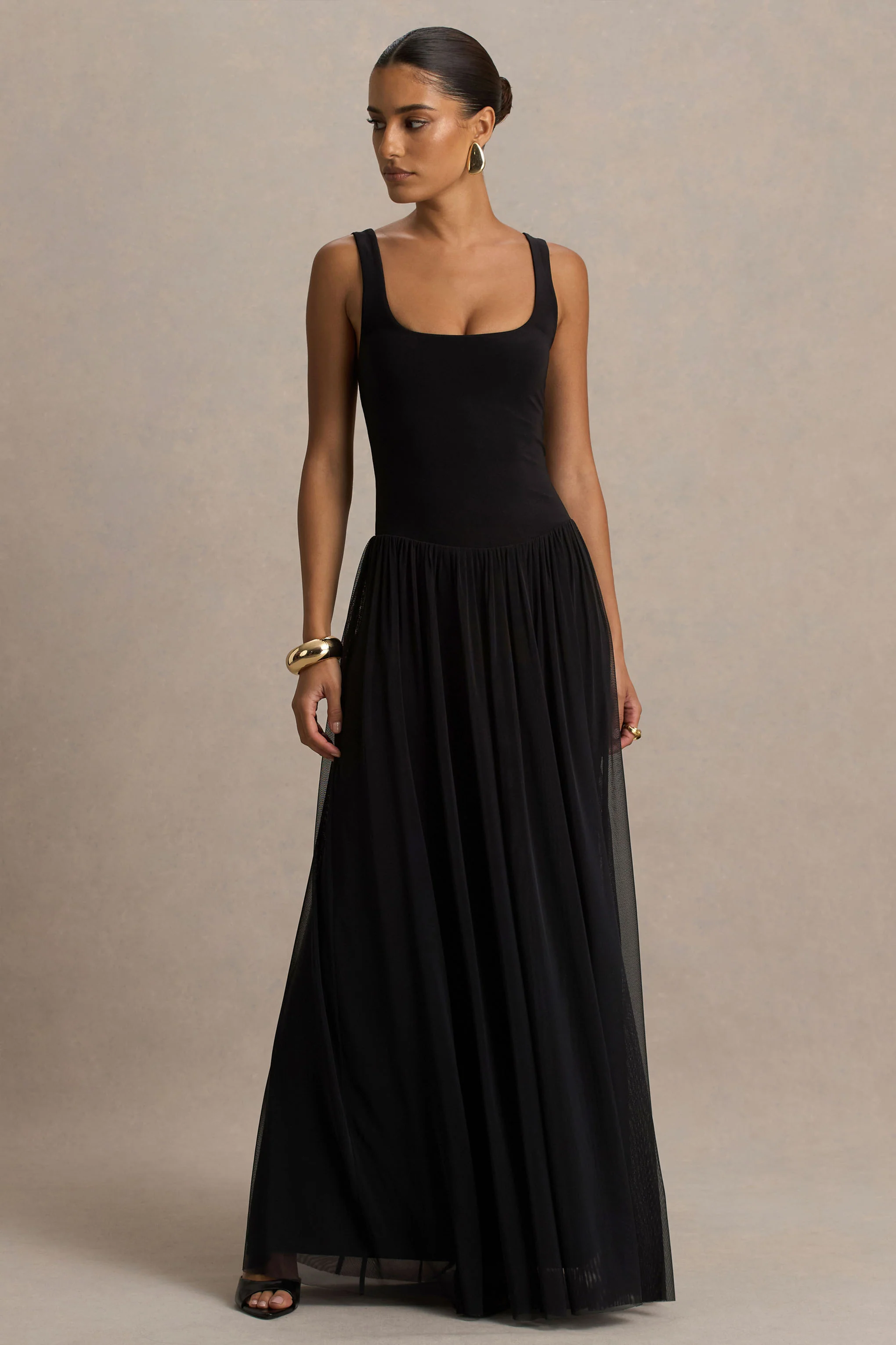 Amelia | Black Scoop-Neck Maxi Dress With Drop Waist And Pleating