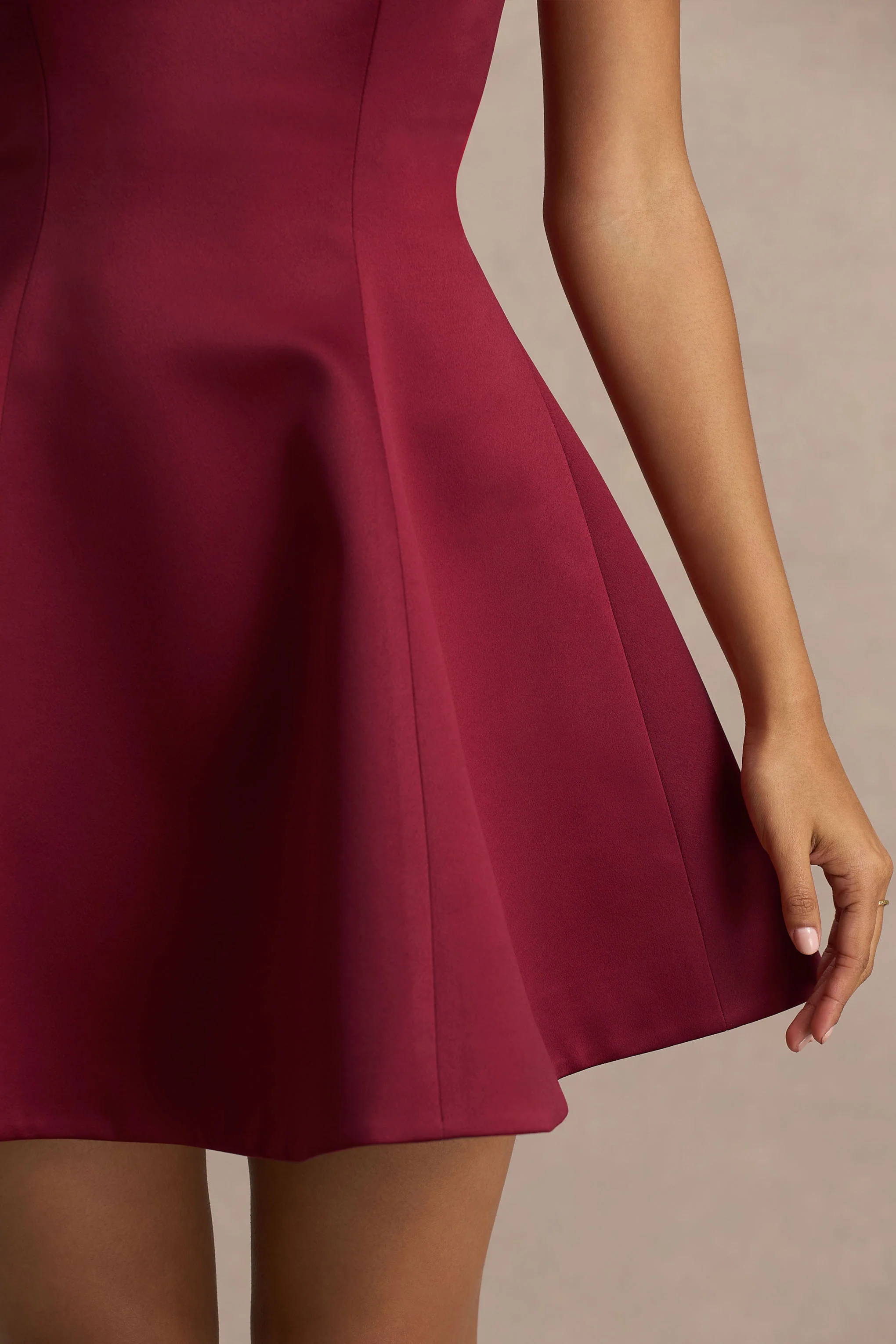 Lioray | Burgundy Satin Bandeau-Neck A-Line Mini Dress
