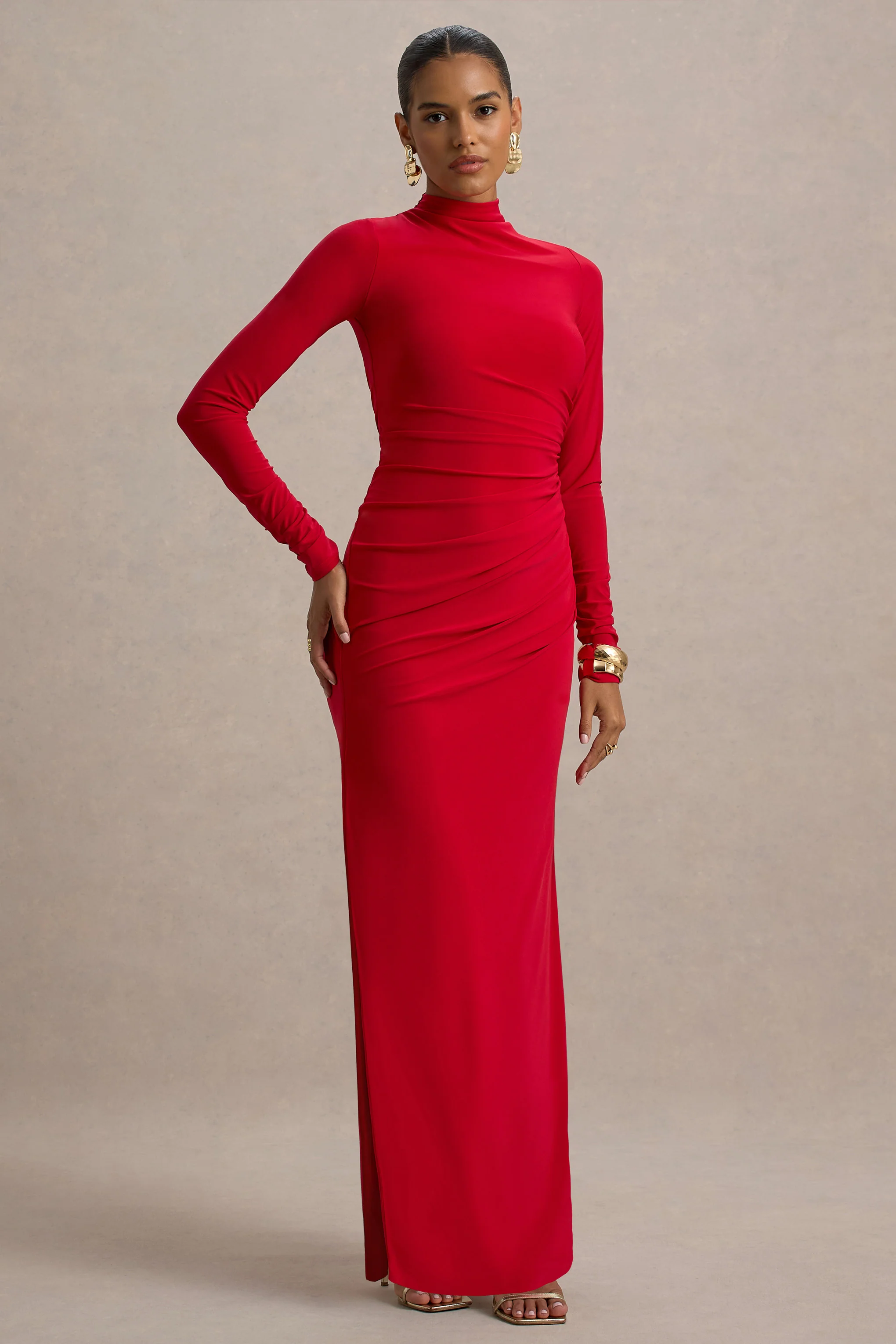 Alluring | Red High Neck Maxi Dress With Ruched Detailing