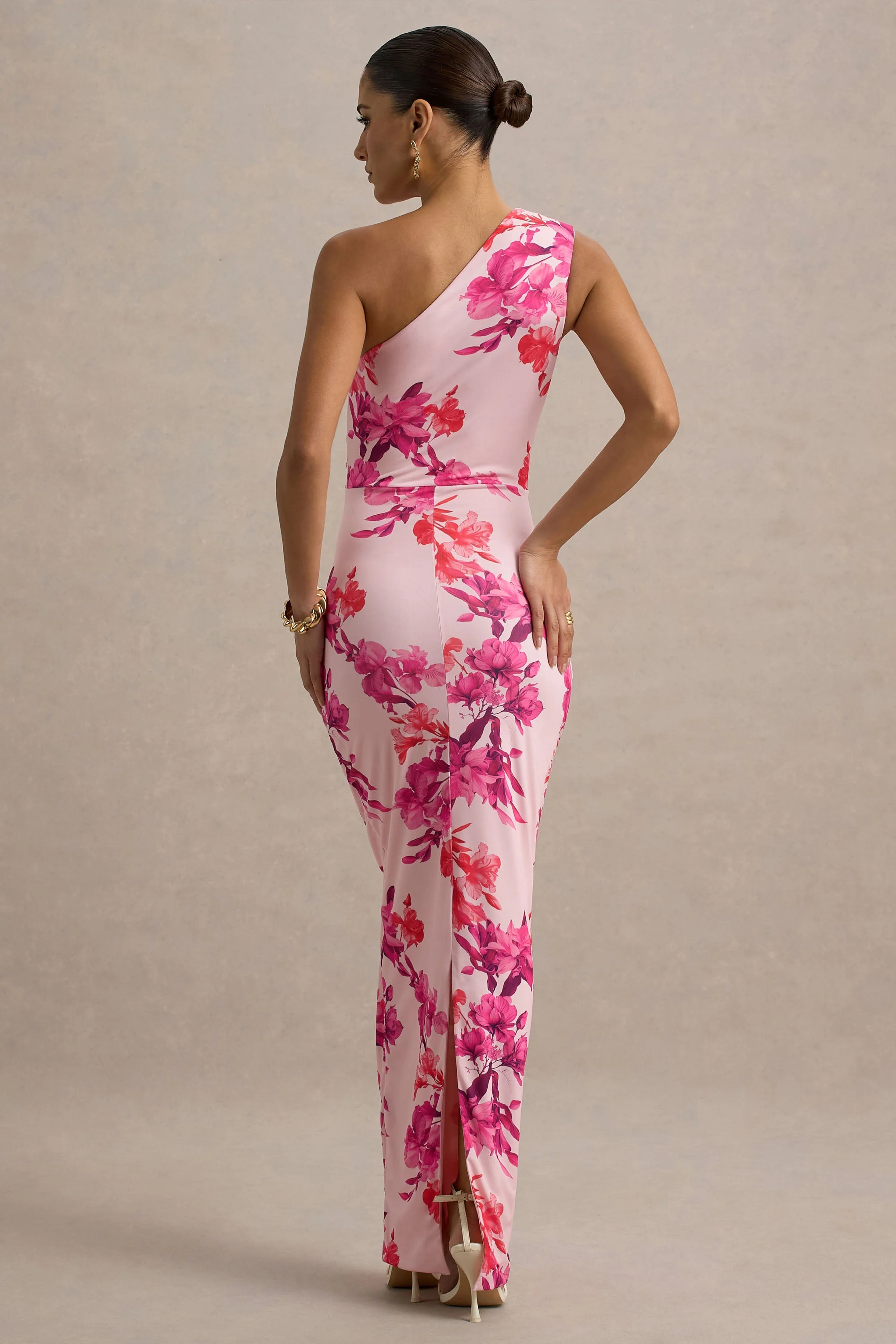 Dalarie | Pink and Orange Floral Print One-Shoulder Gathered Maxi Dress