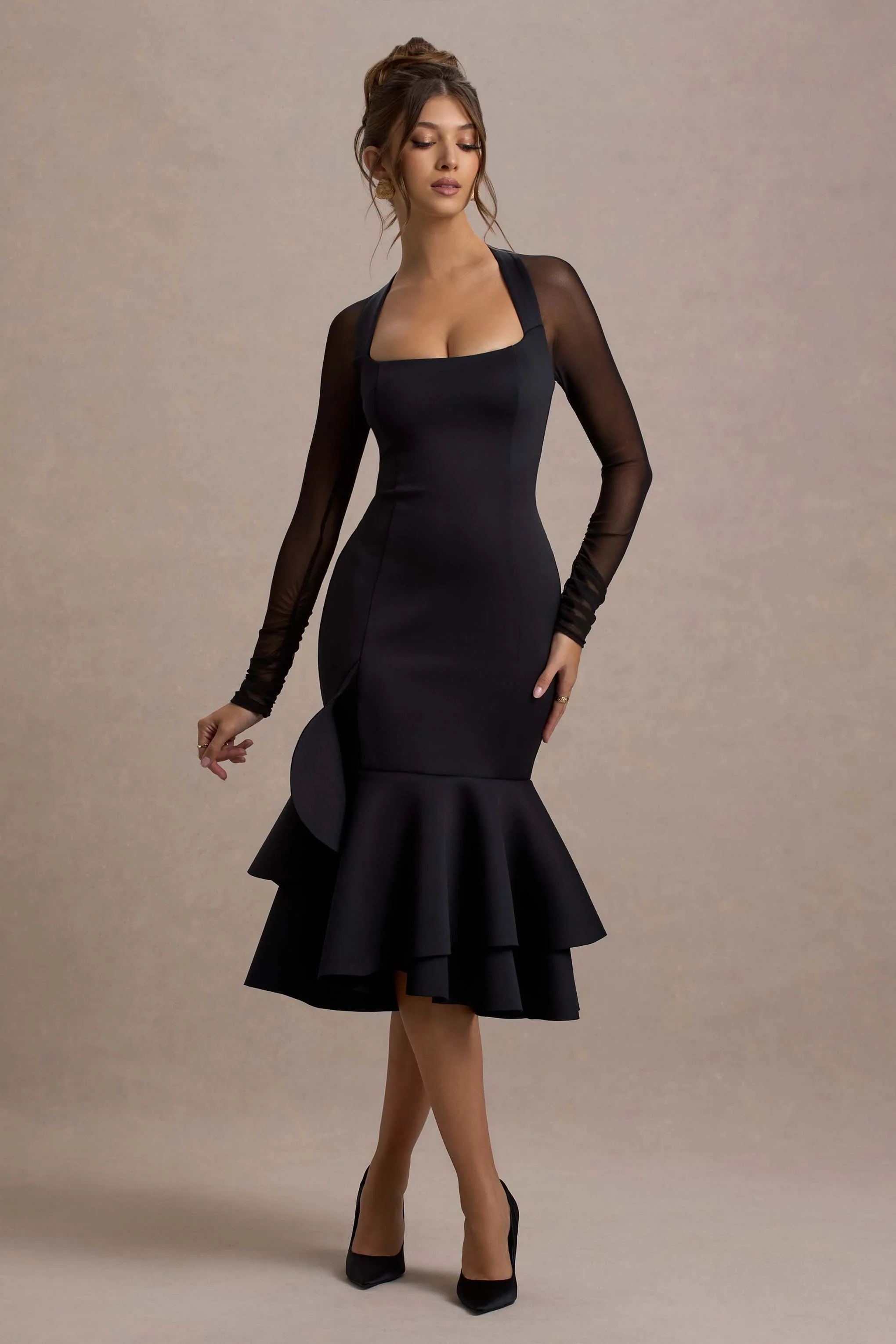 Sander | Black Mesh Long-Sleeve Ruffle-Hem Midi Dress
