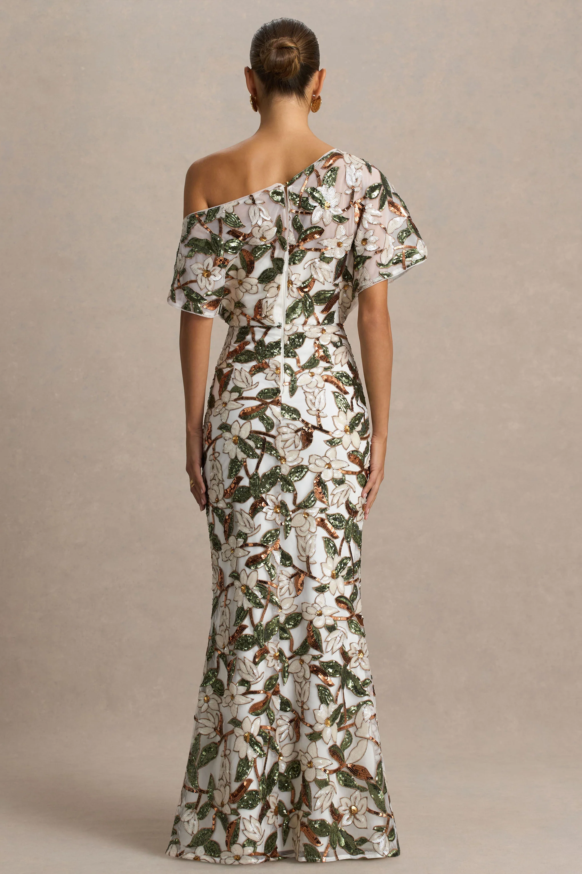 Iony | White And Green Sequin Floral And Mesh Asymmetric-Neck Maxi Dress