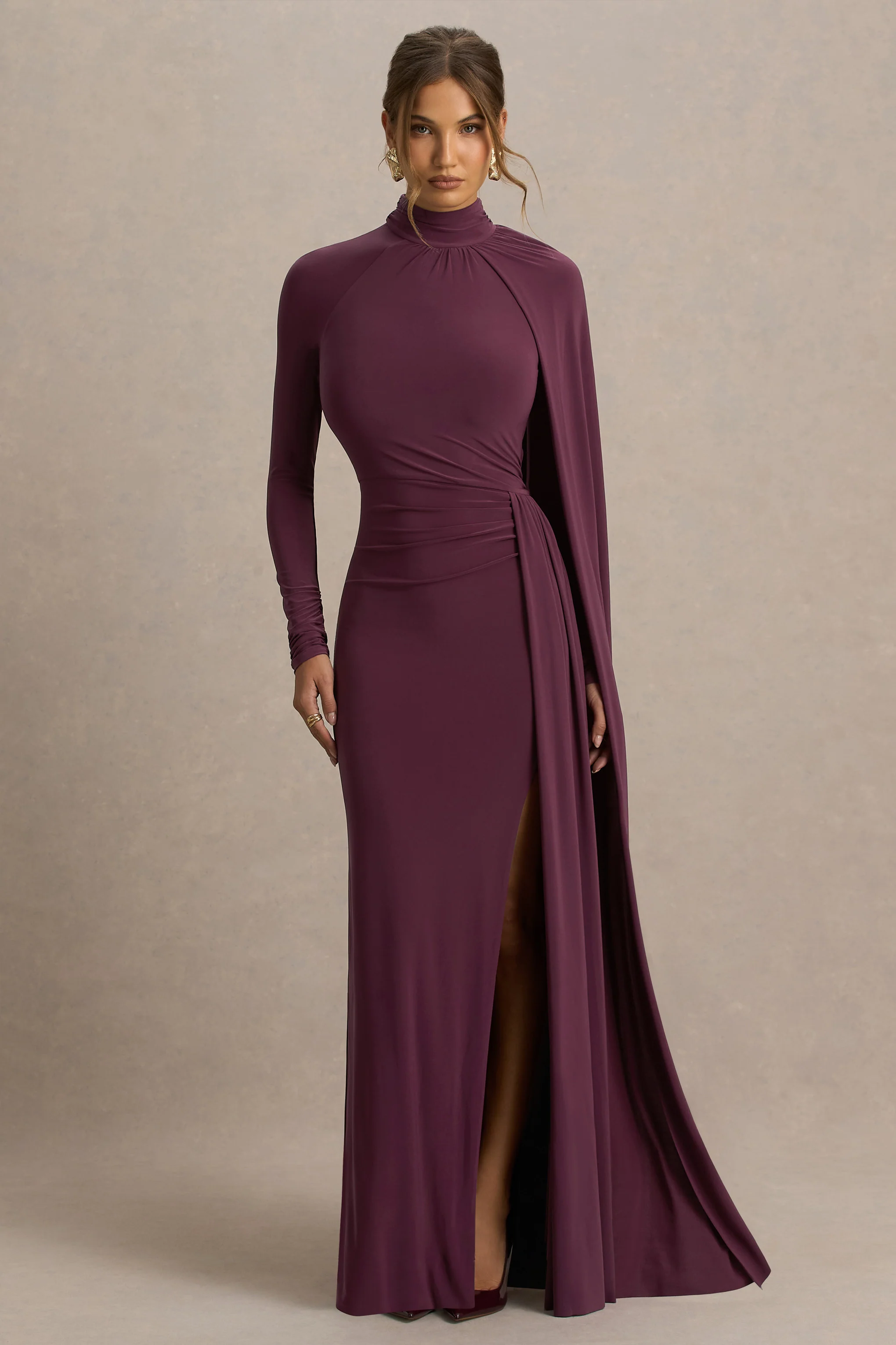 Anticipation | Burgundy High-Neck Maxi Dress With Front Split And Ruched Detailing