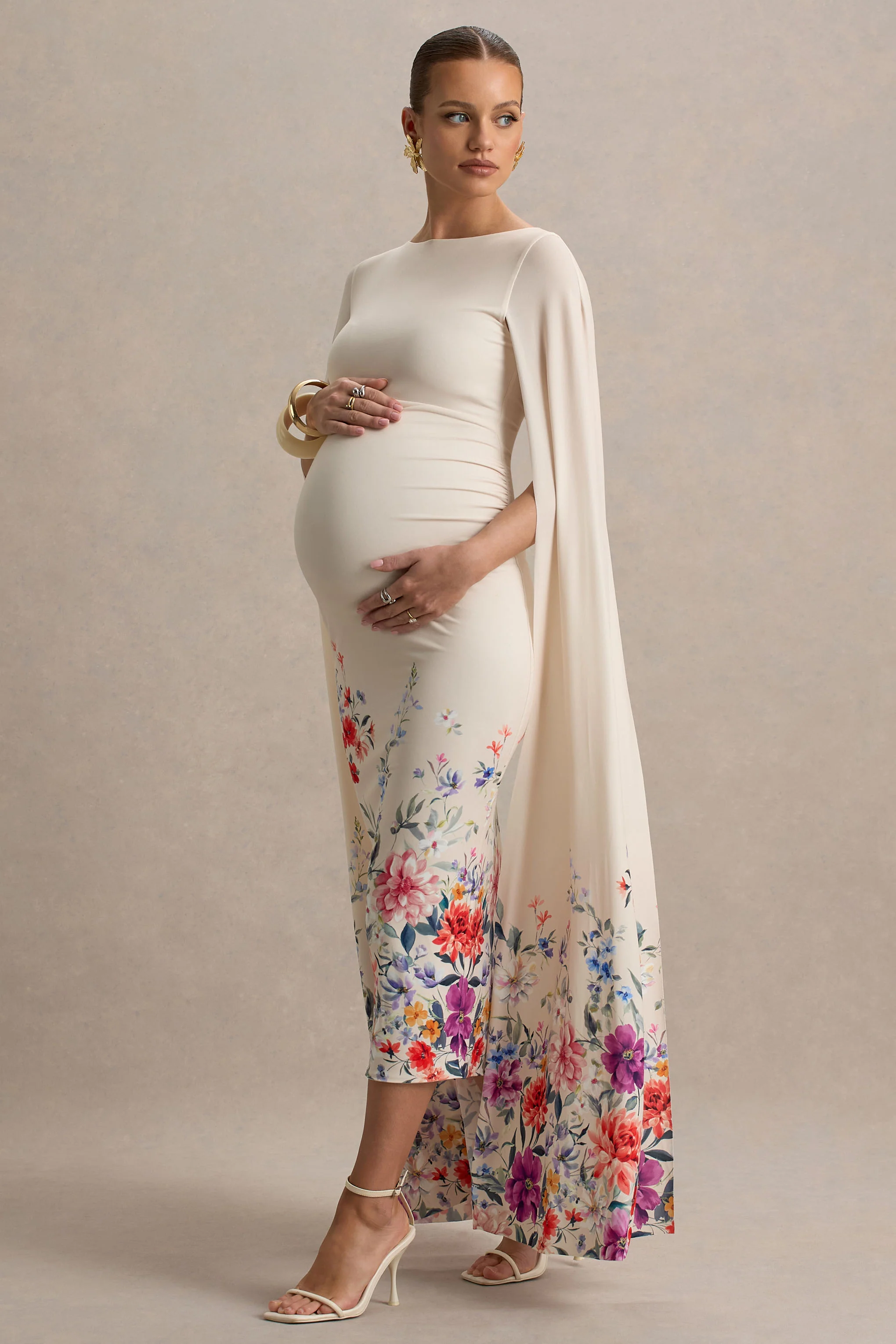 Providence | Light Pink Floral Print Boat-Neck Maternity Midi Dress With Cape Sleeves