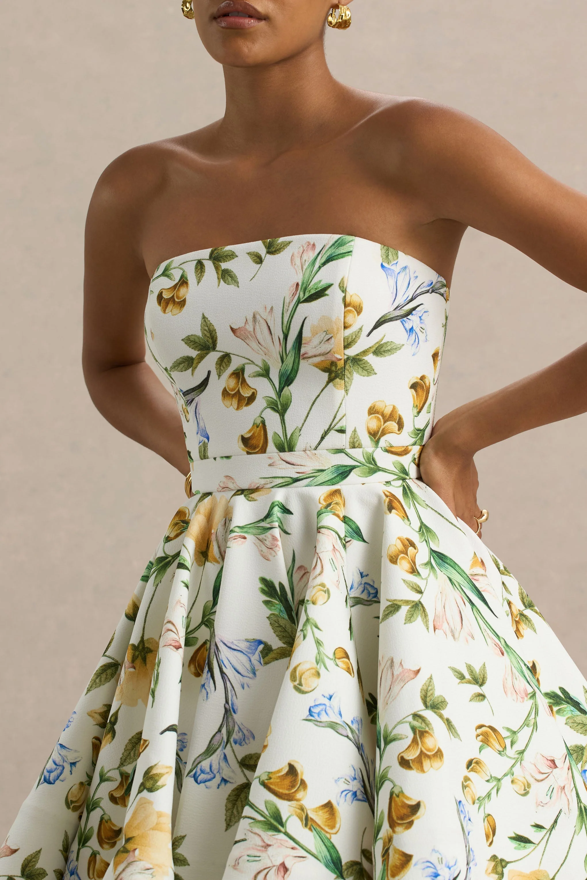 Valerian | White Botanical Print Bandeau Mini Dress With Ruffle Hem