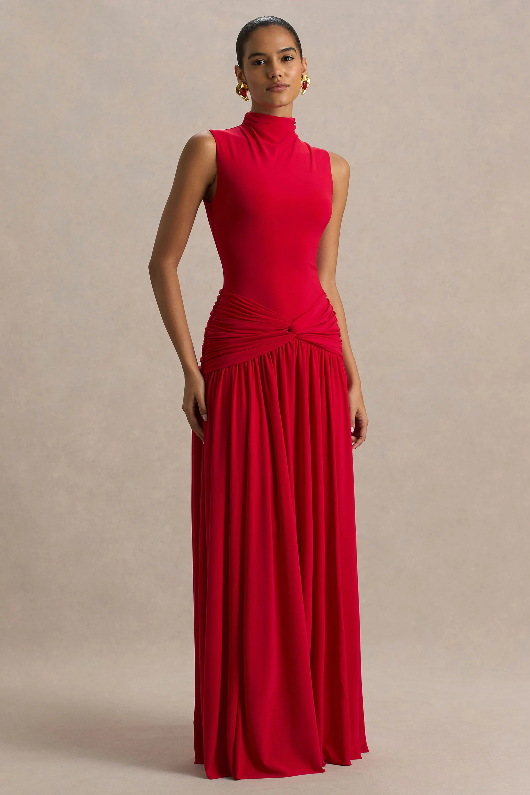 Cascade | Red High-Neck Maxi Dress With Twist Detail