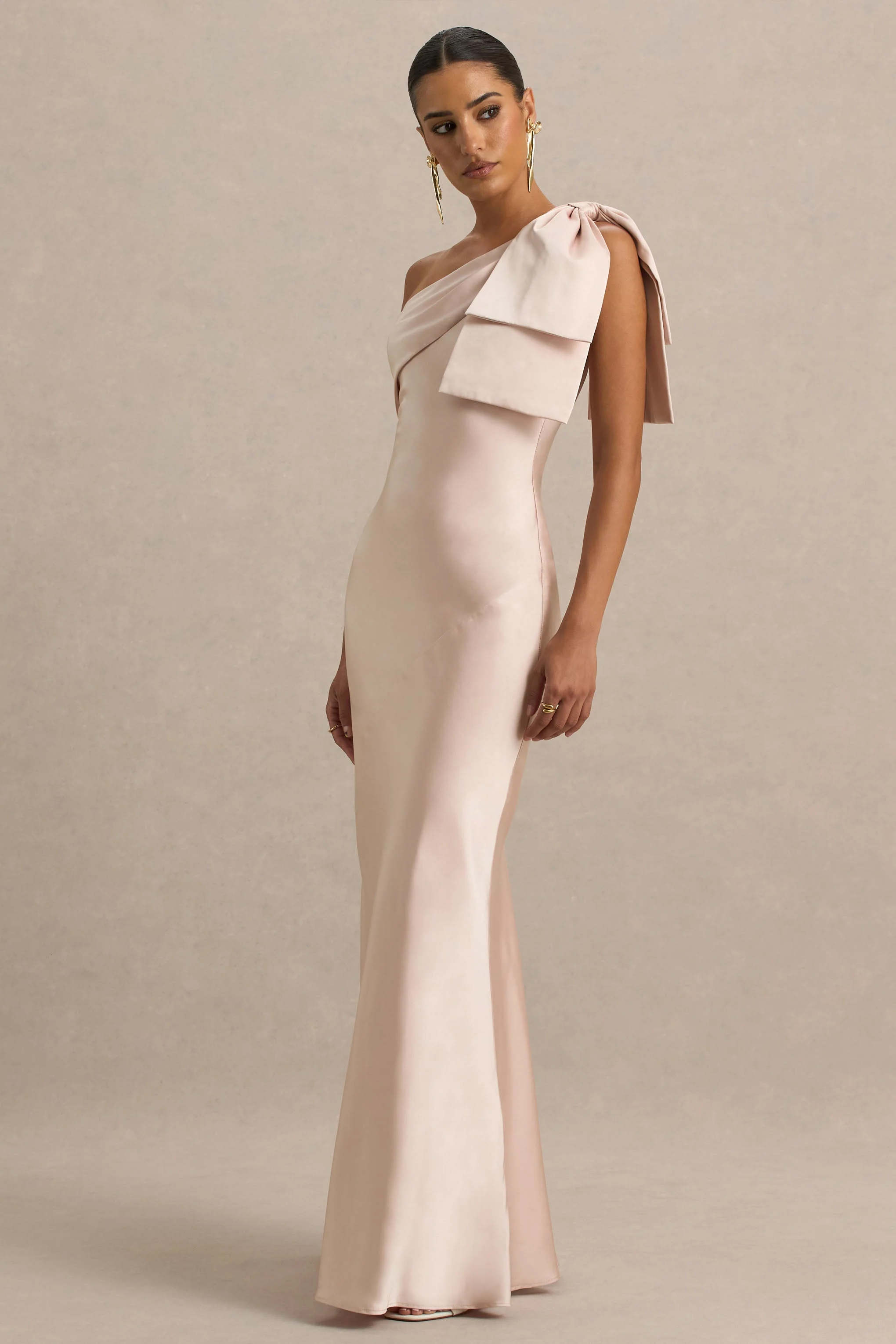 Valerie | Light Pink Satin Asymmetric-Neck Maxi Dress With Bow Detail