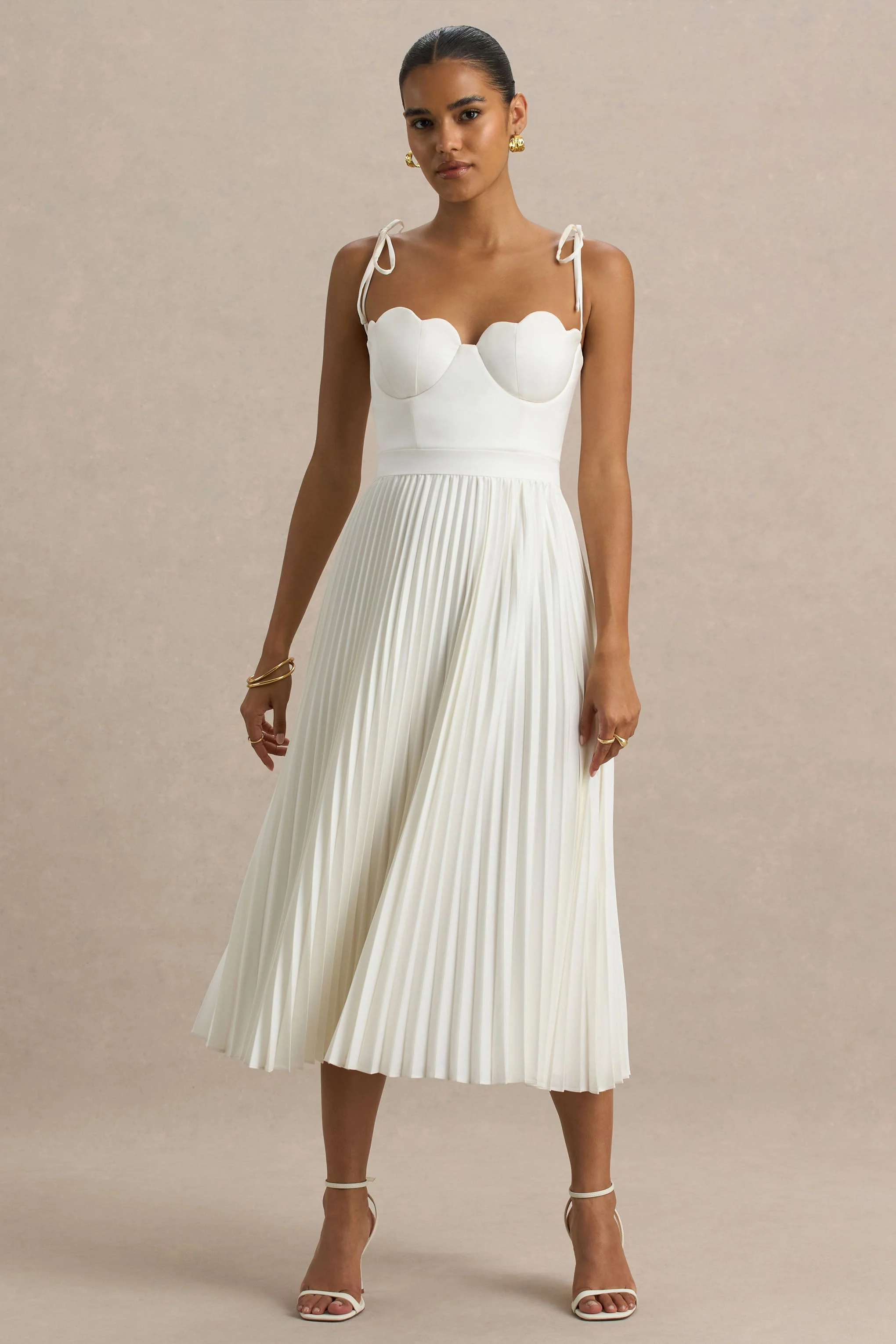 Agua | Cream Satin Sweetheart Midi Dress With Pleated Skirt