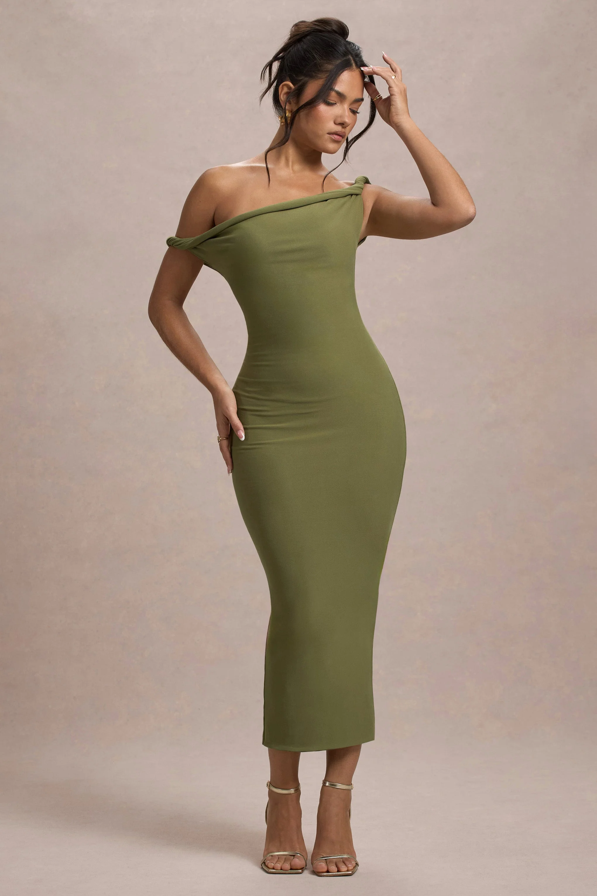 Salome | Olive Twisted Asymmetric Midi Dress