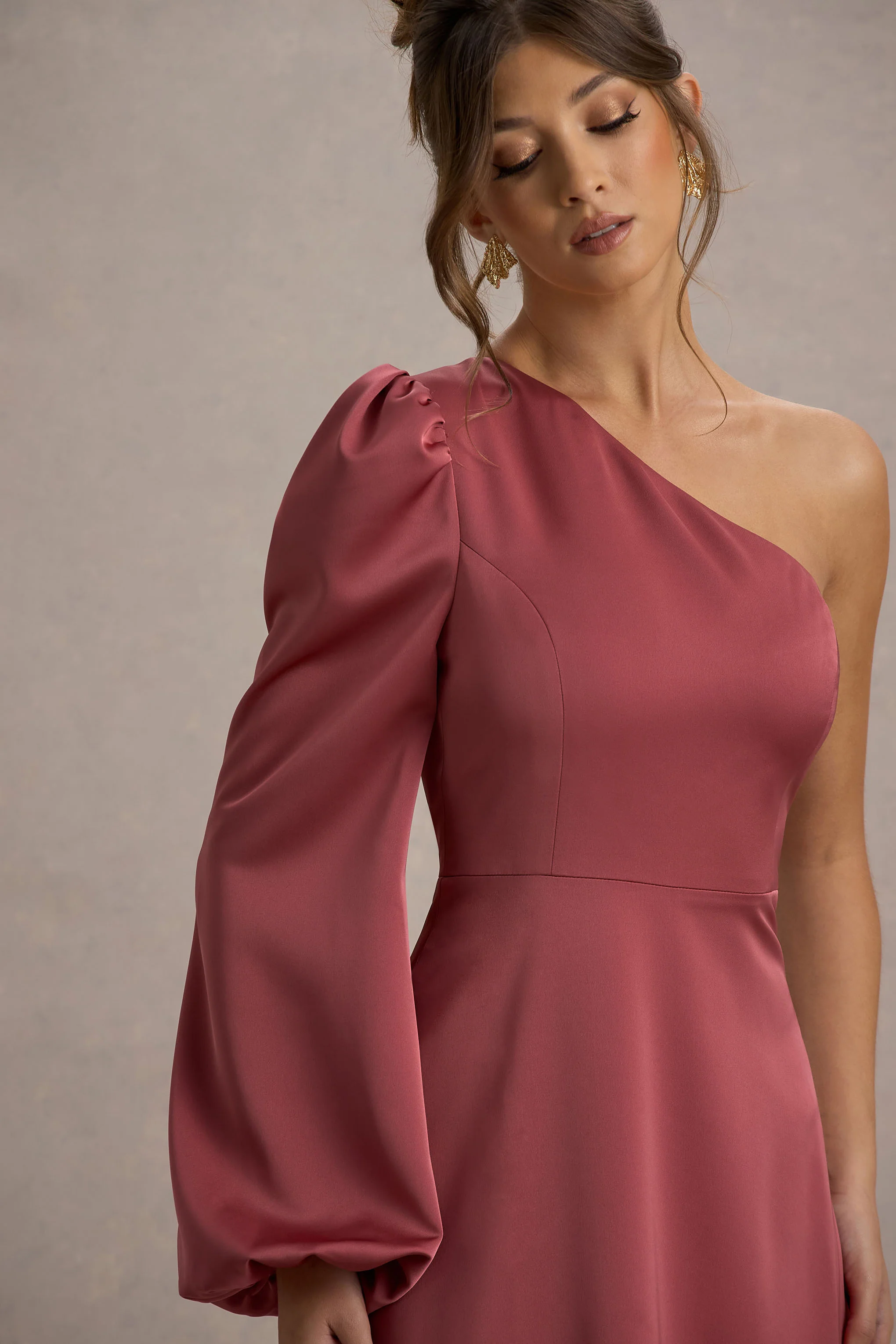 Haila | Rose Pink Satin One-Shoulder Midi Dress