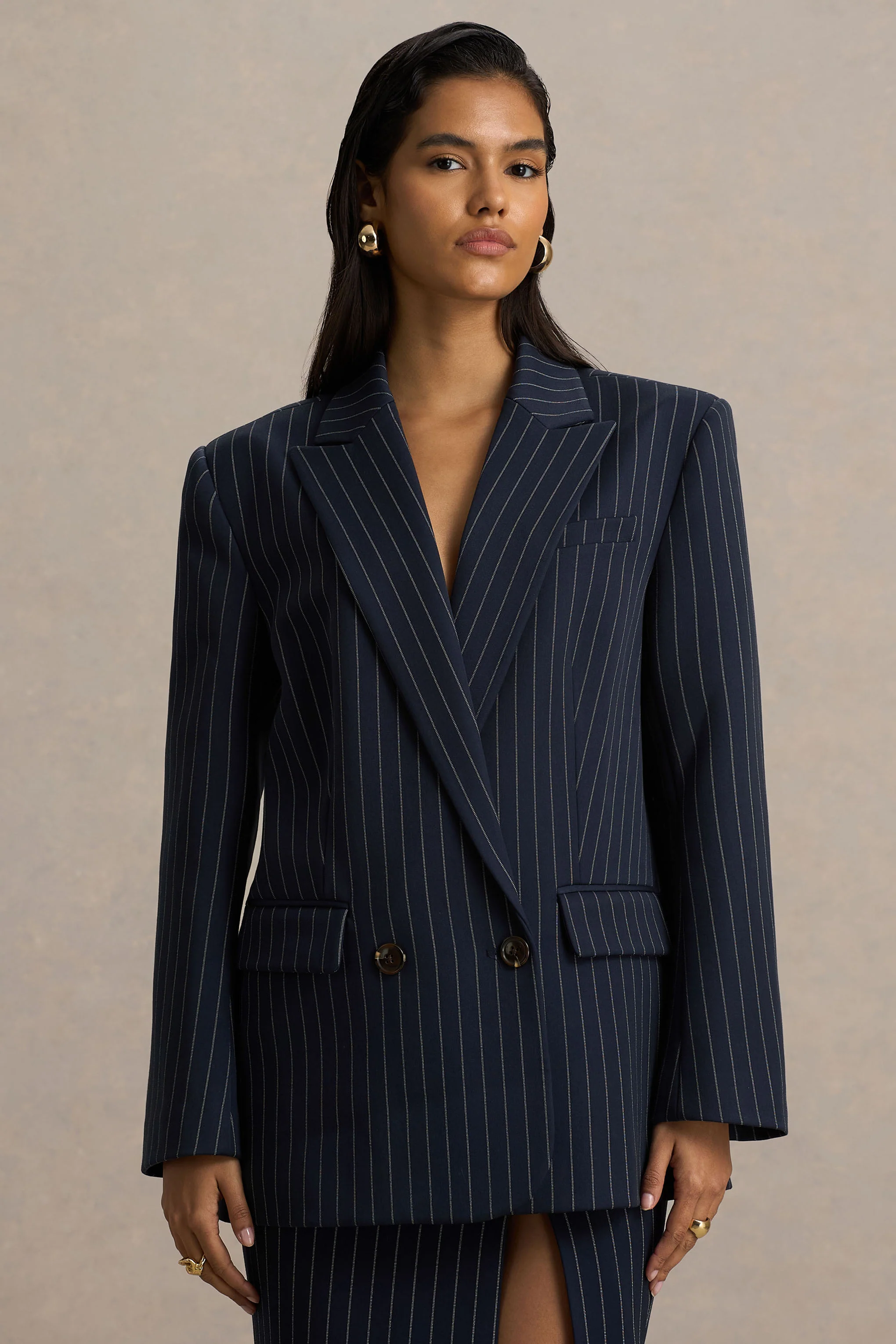 Alana | Navy Pinstripe Plunge-Neck Tailored Blazer