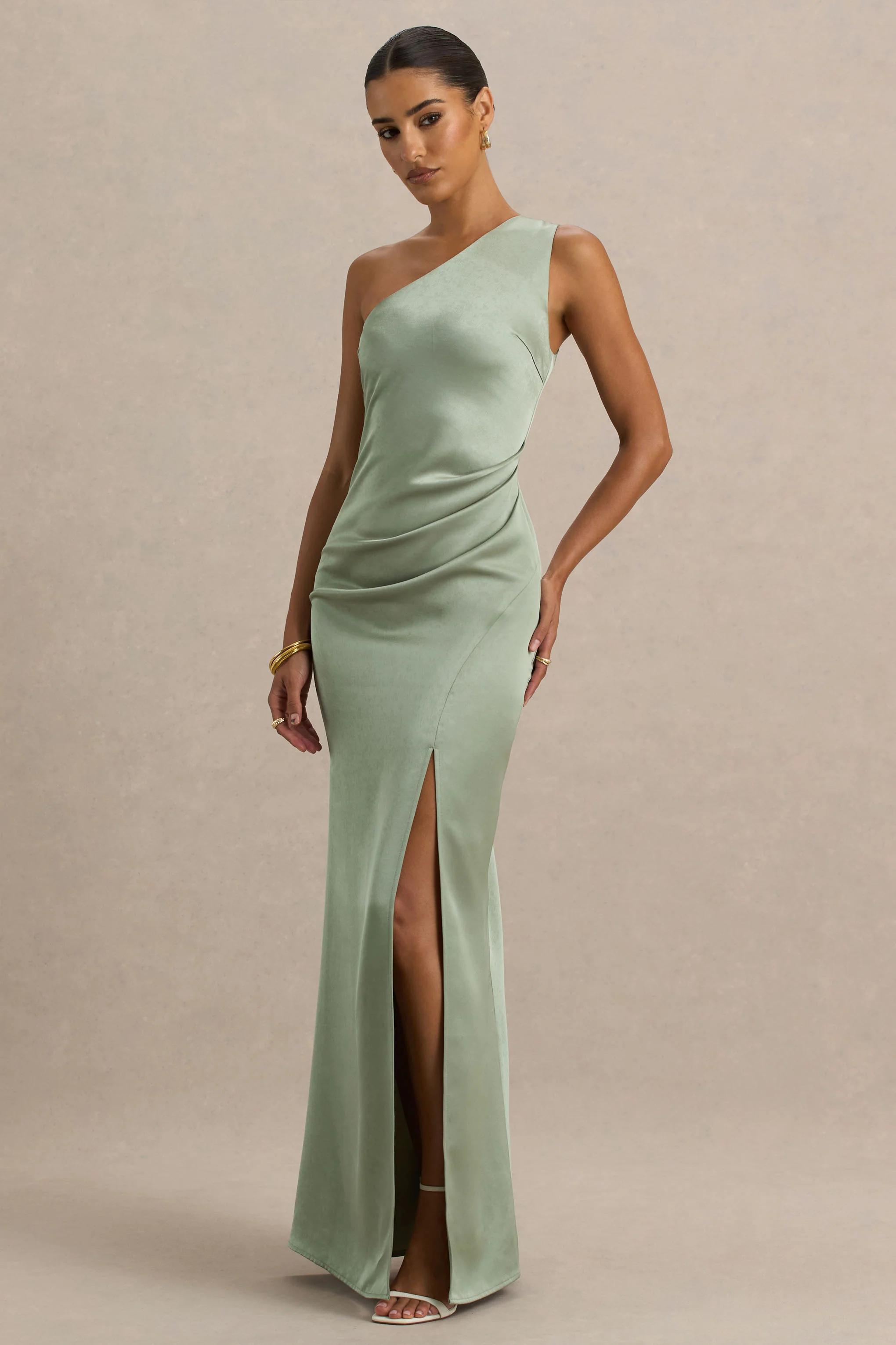 Beth | Sage Asymmetric Neckline High-Split Maxi Dress