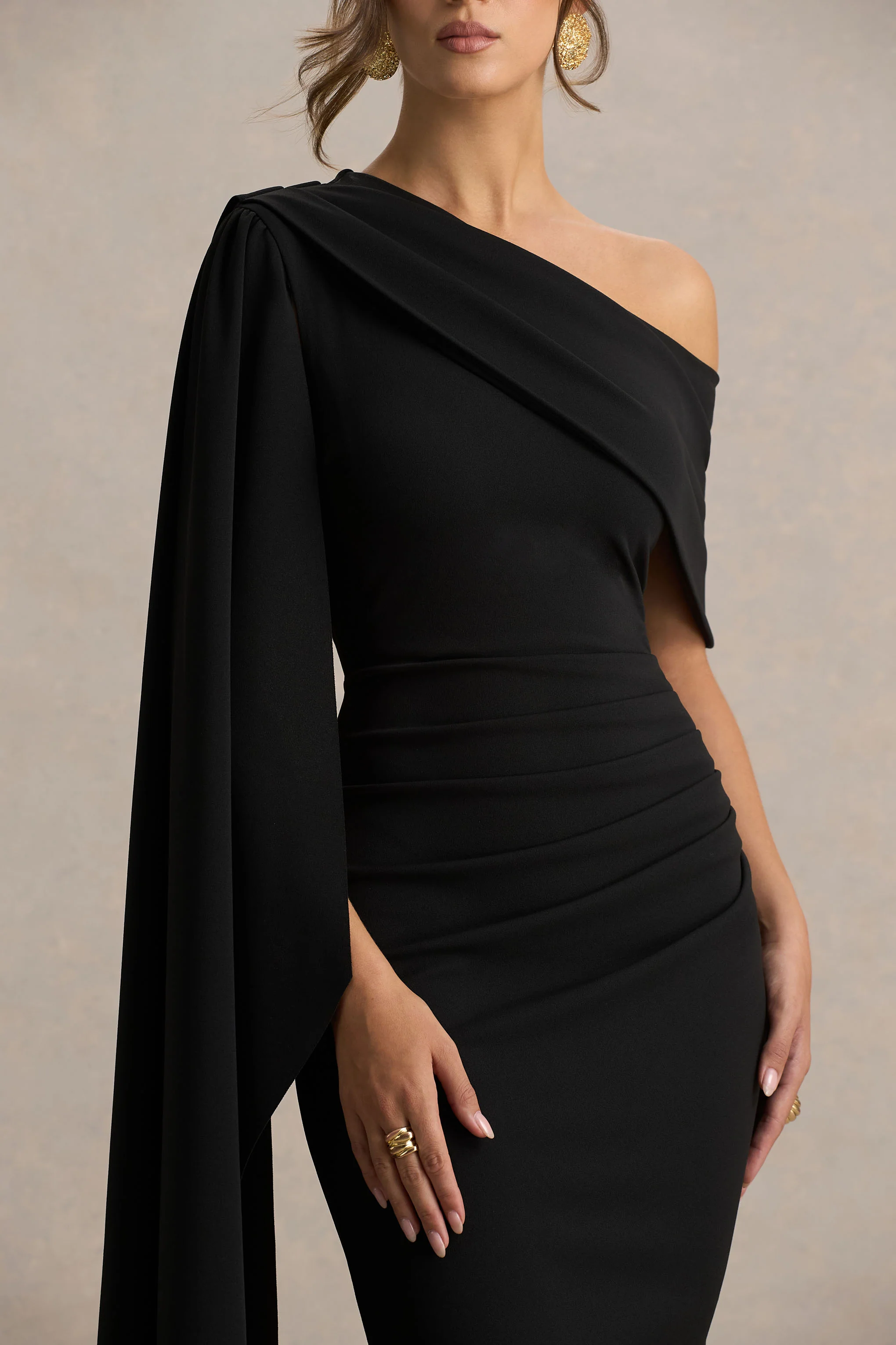 Leah | Black Asymmetric-Neck Midi Dress With Cape-Sleeve And Draped Detailing