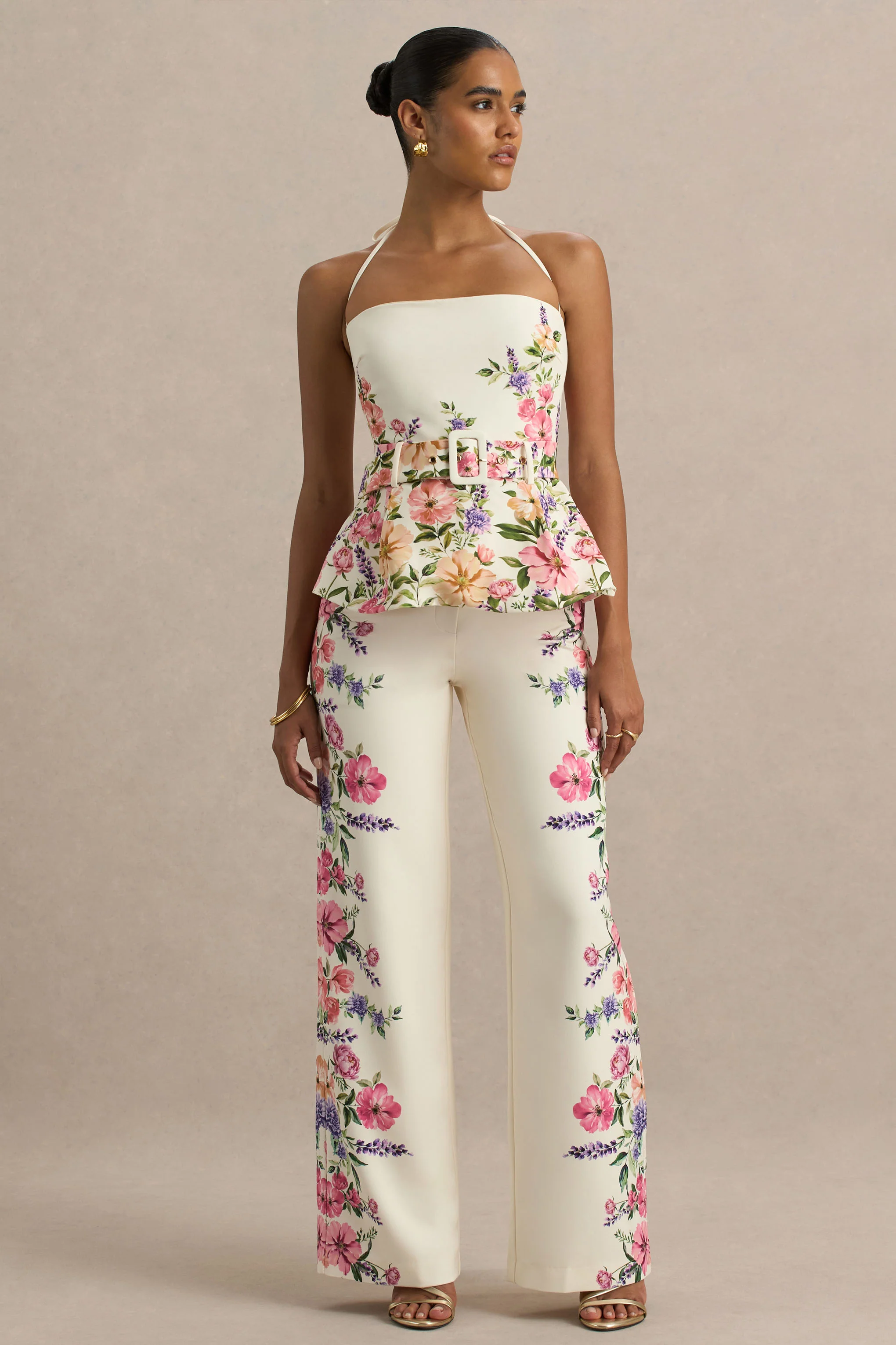 Solana | White Floral Border Print Wide-Leg Trousers