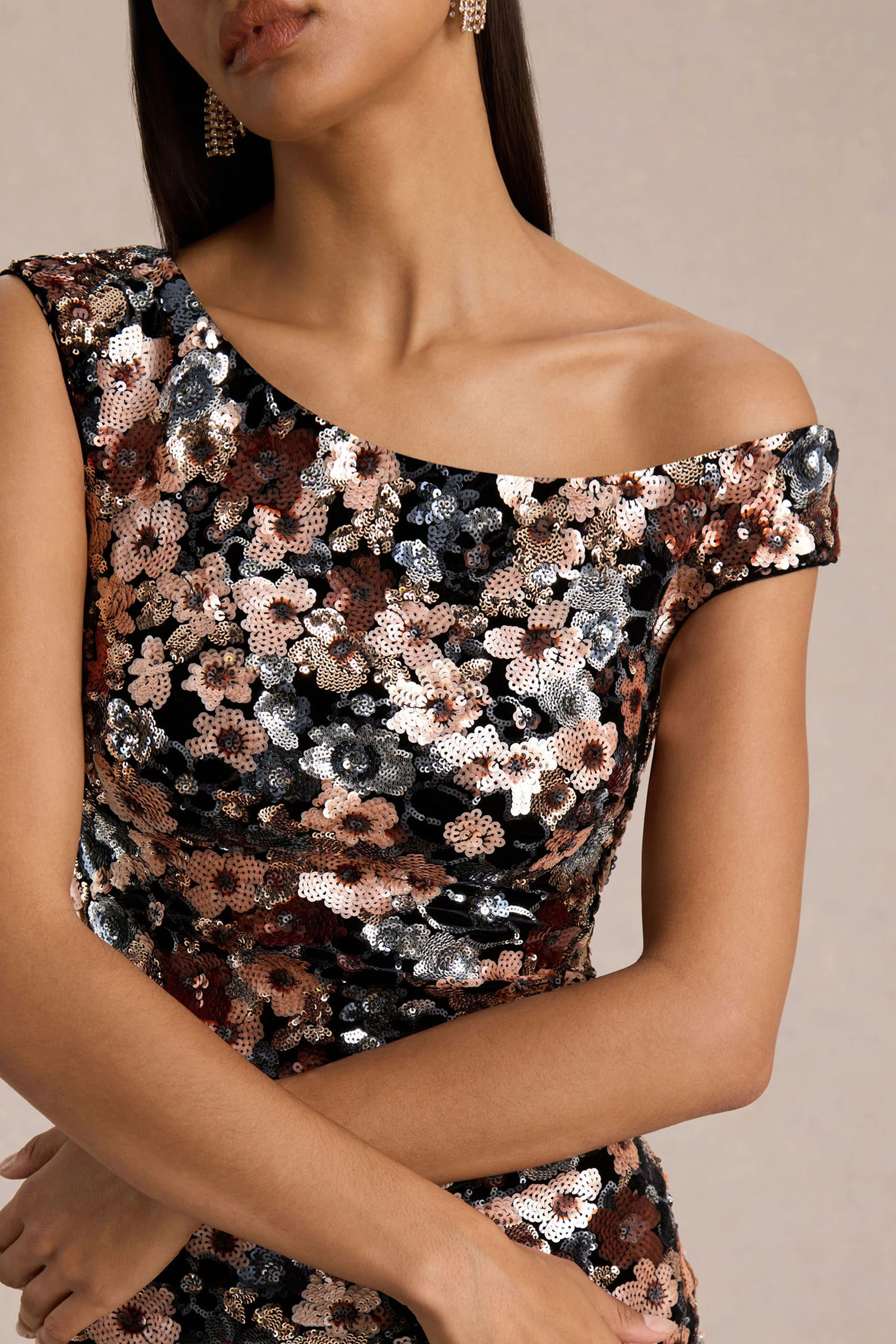 Electric | Black Sequin Floral Velvet Asymmetric-Neck Maxi Dress