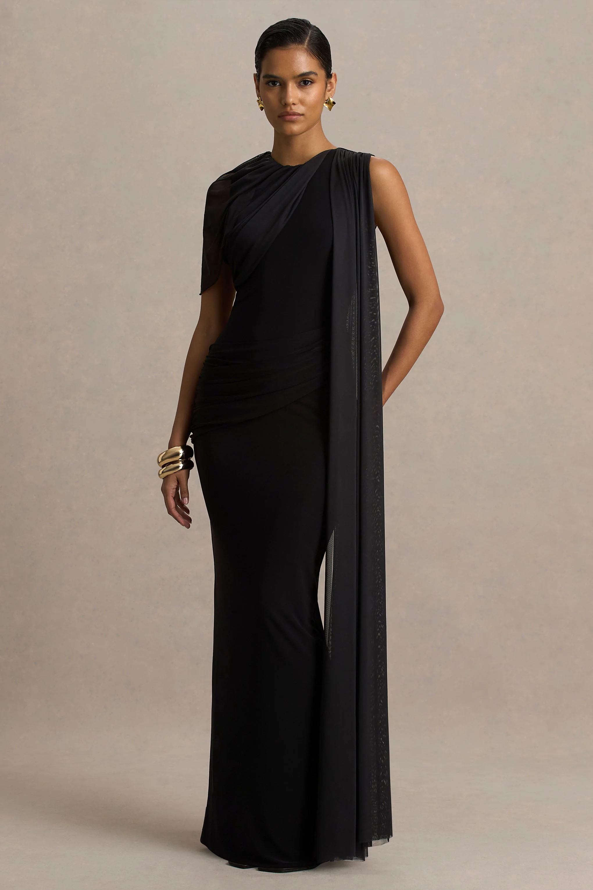 Brenda | Black Maxi Dress Mesh Cape And Sash