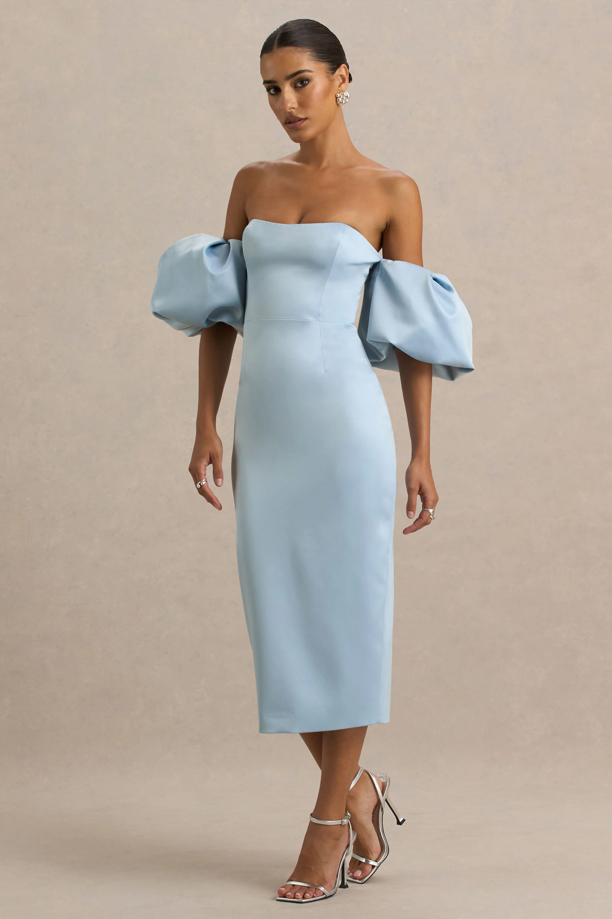 Imogen | Powder Blue Satin Short-Sleeve Bardot Midi Dress With Ruffle Detail