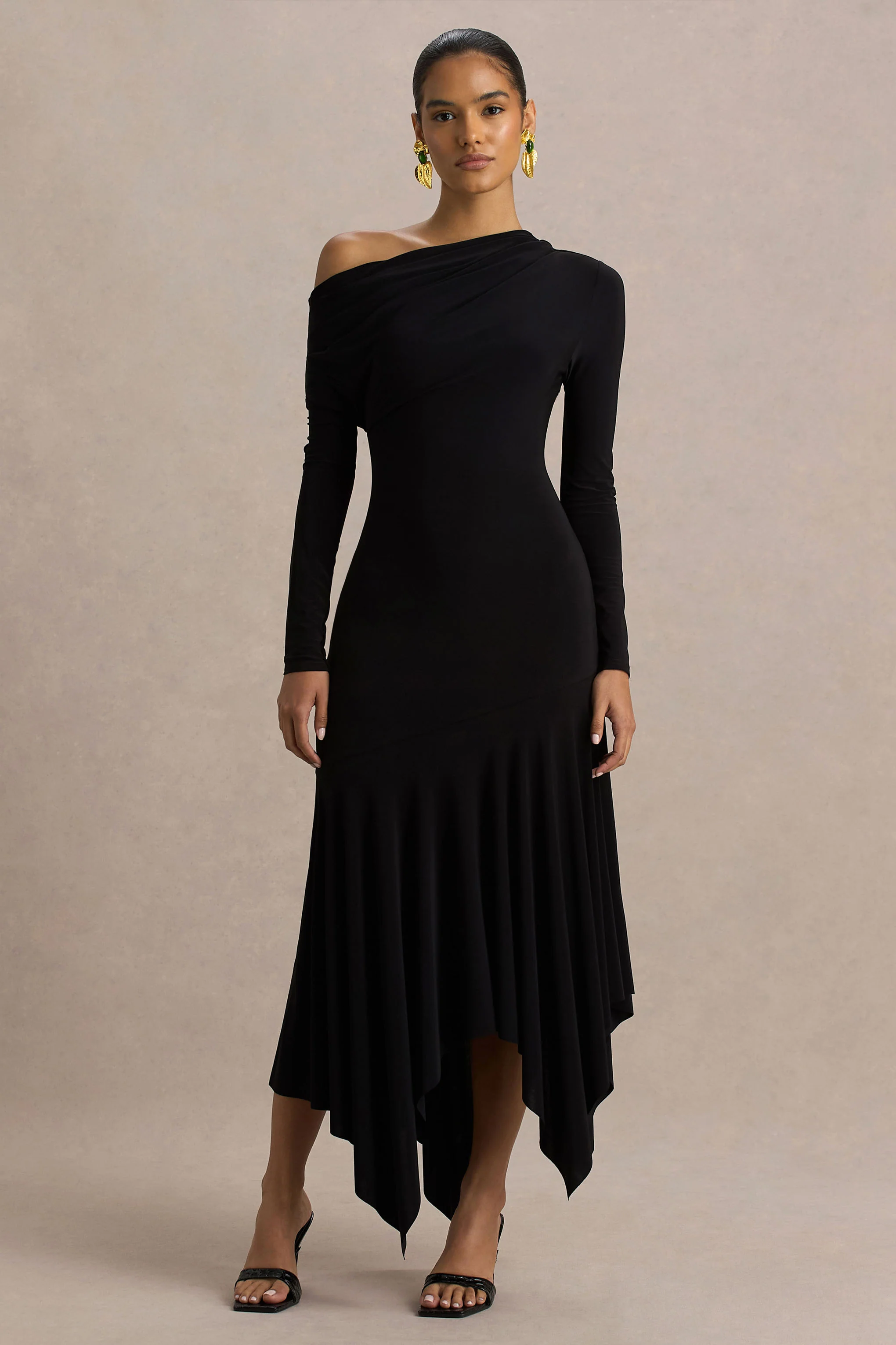 Isola | Black Asymmetric-Neck Midi Dress With Drop-Waist