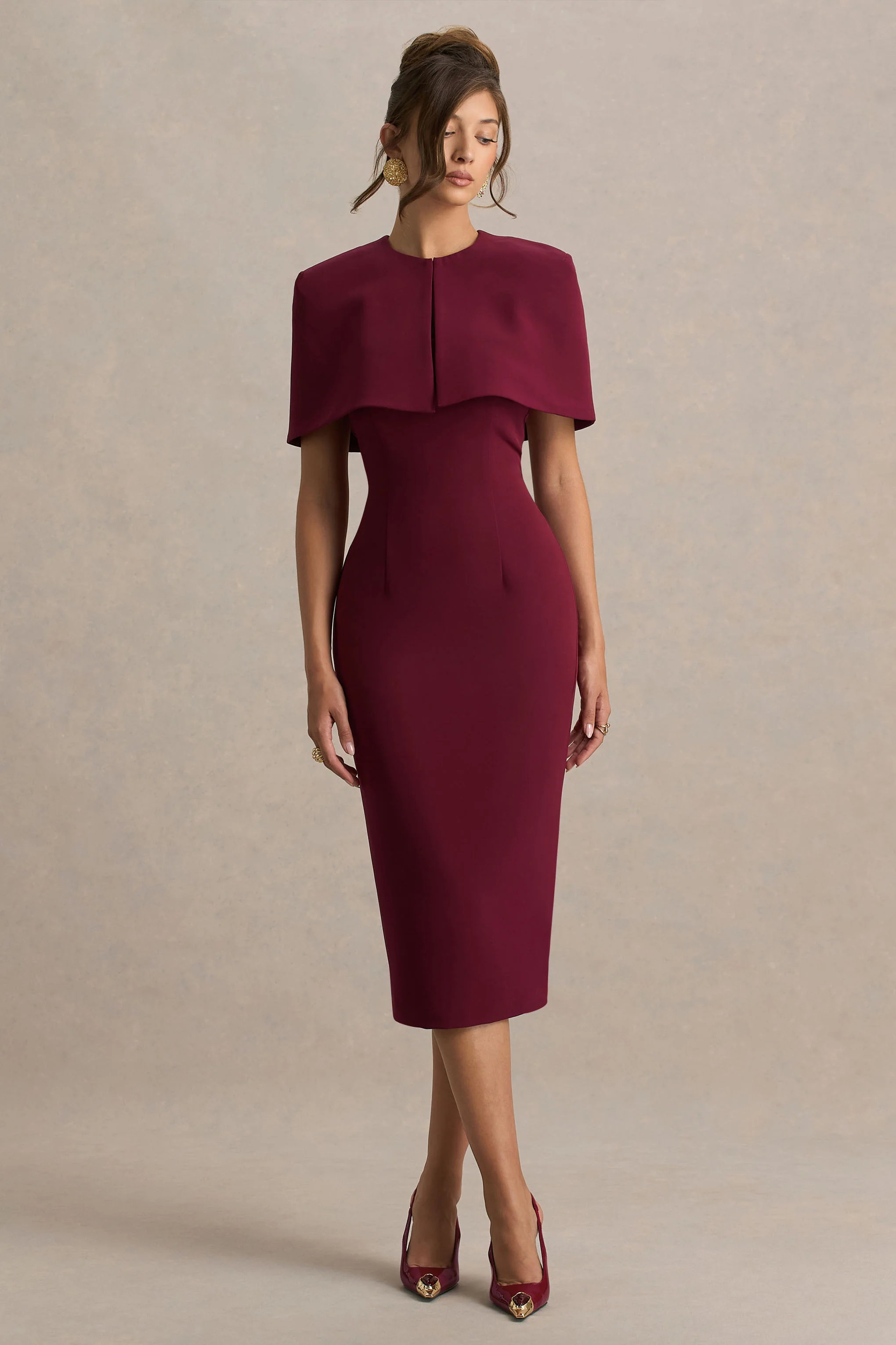 Baylor | Burgundy Midi-Dress With Cape-Detail