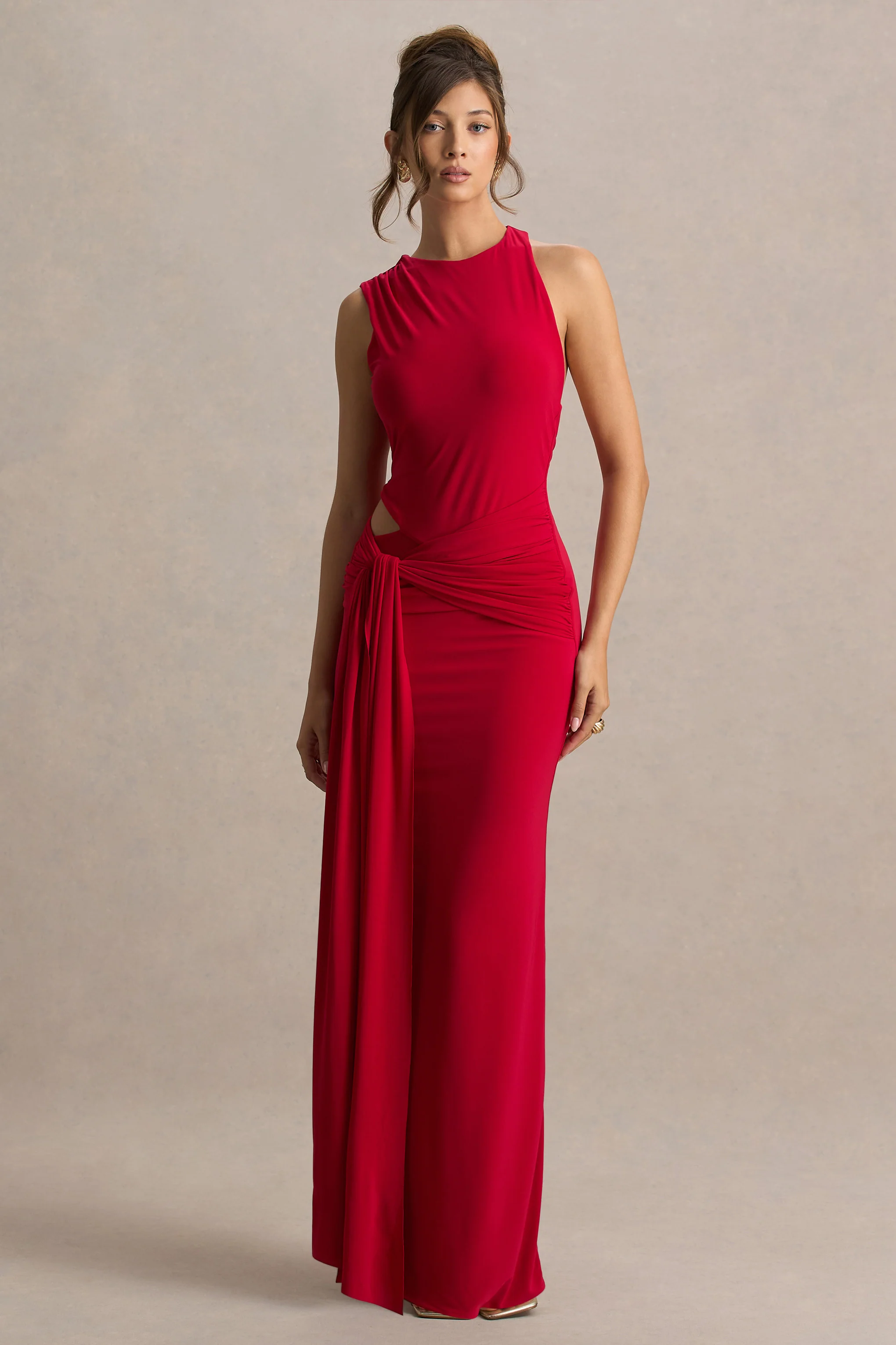 Neile | Red Crew-Neck Maxi Dress With Cut-Out and Sash Details