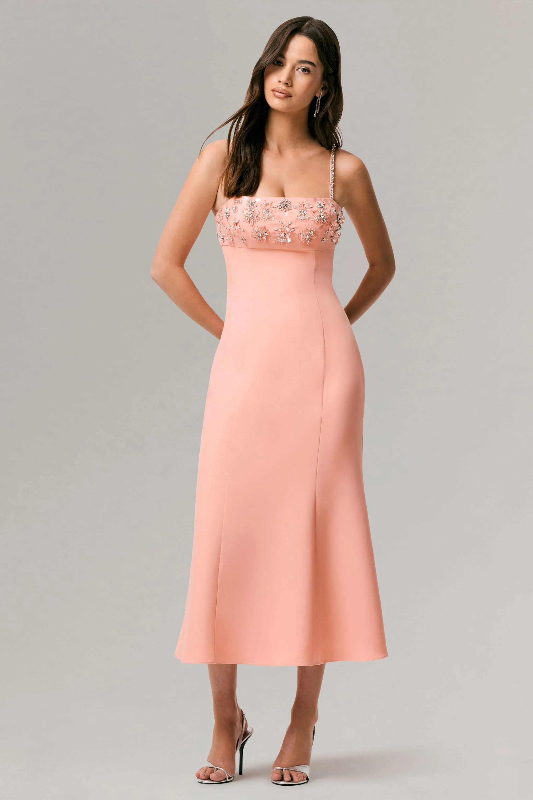 One To Remember | Coral Square-Neck Embellished Midi Dress