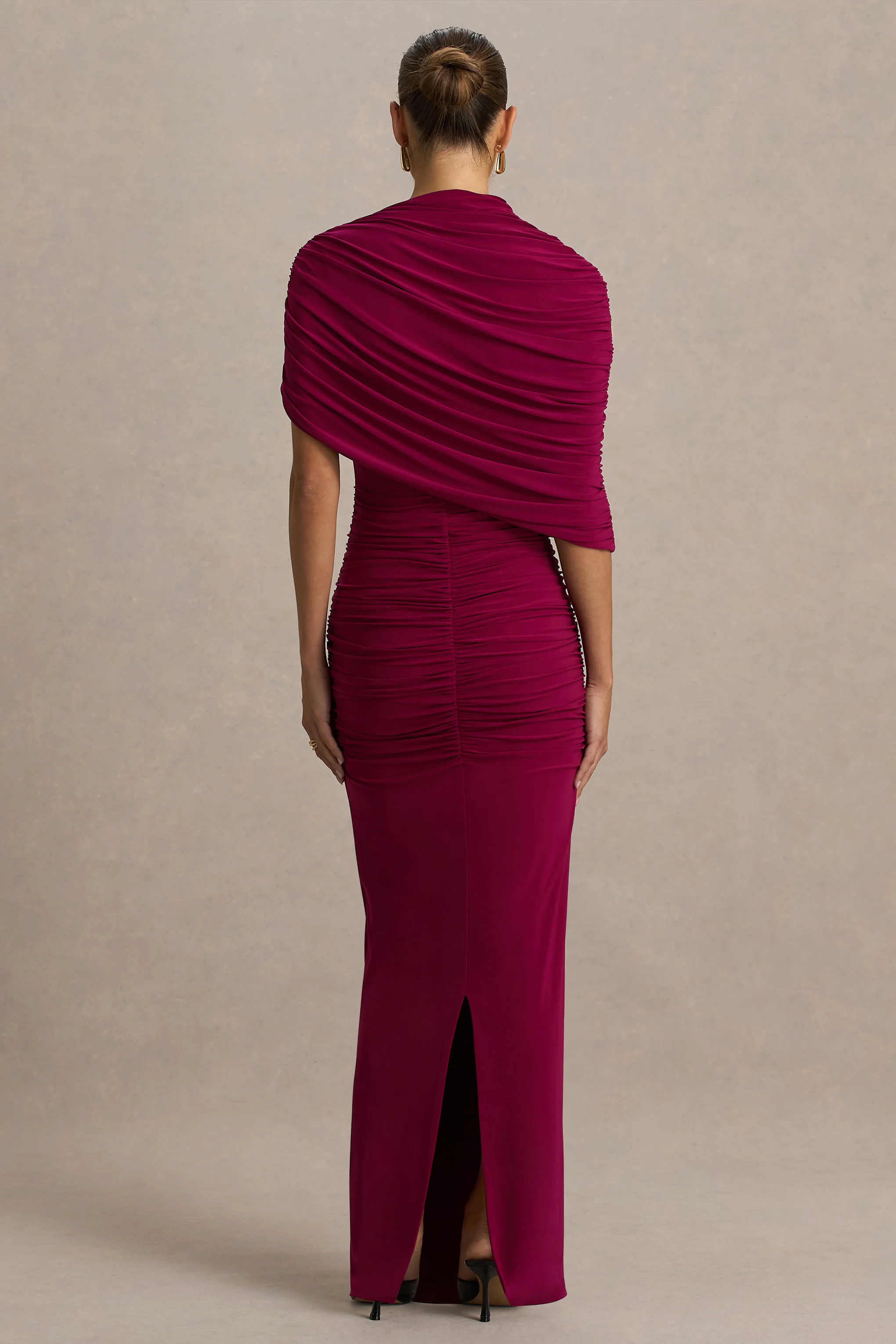 Glitz | Burgundy High-Neck Maxi Dress With Cape Sleeve and Ruched Detailing