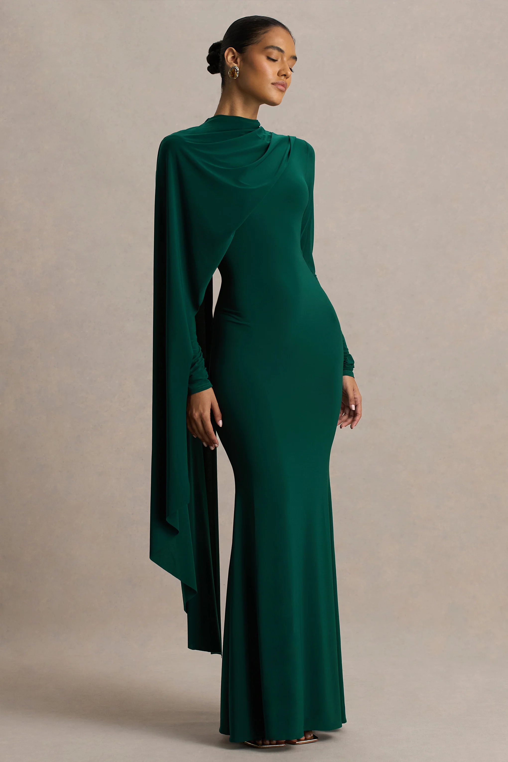 Always | Bottle Green High-Neck Maxi Dress With Cape Sleeve Detail