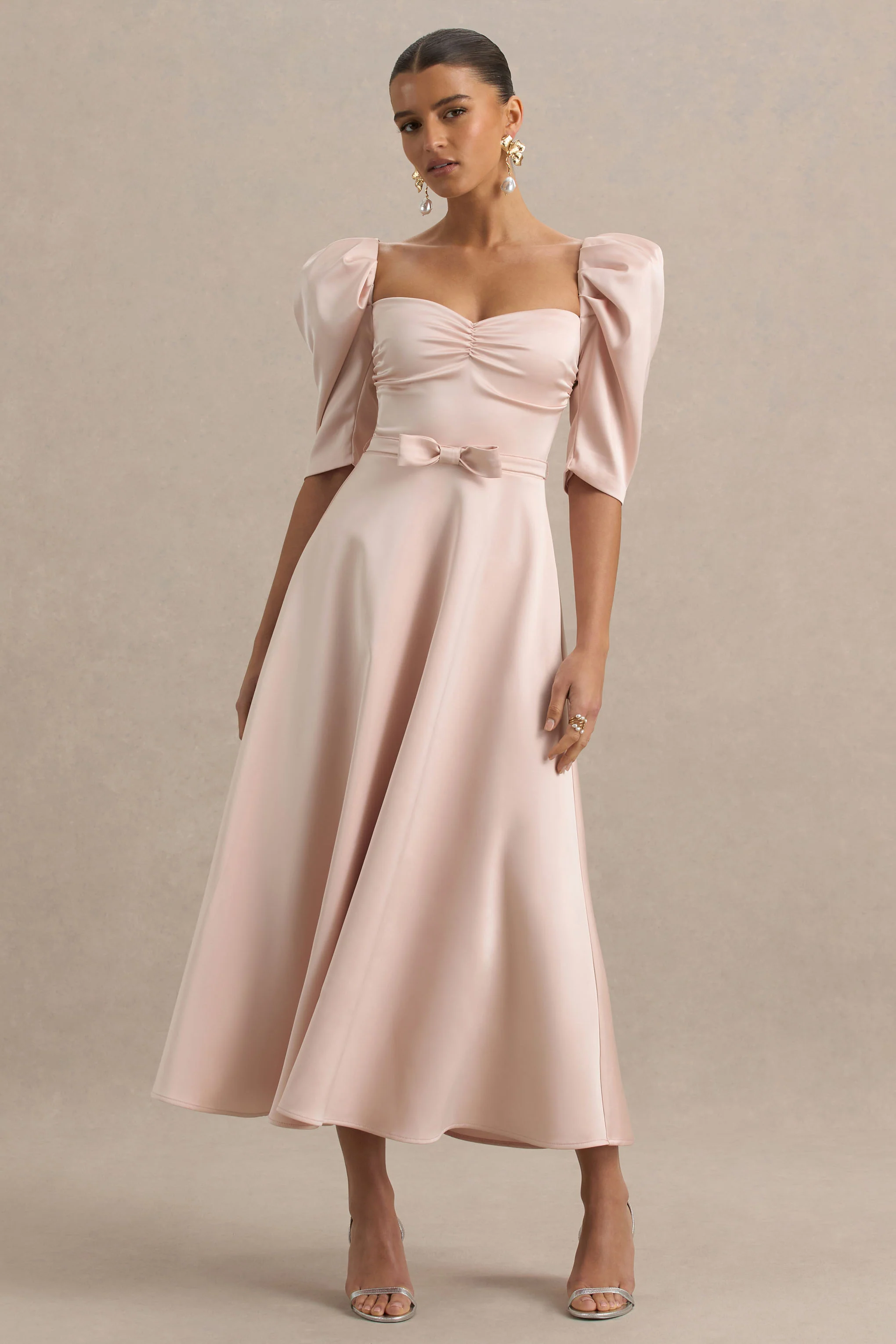 Rosey | Pale Pink Satin Sweetheart Midi Dress