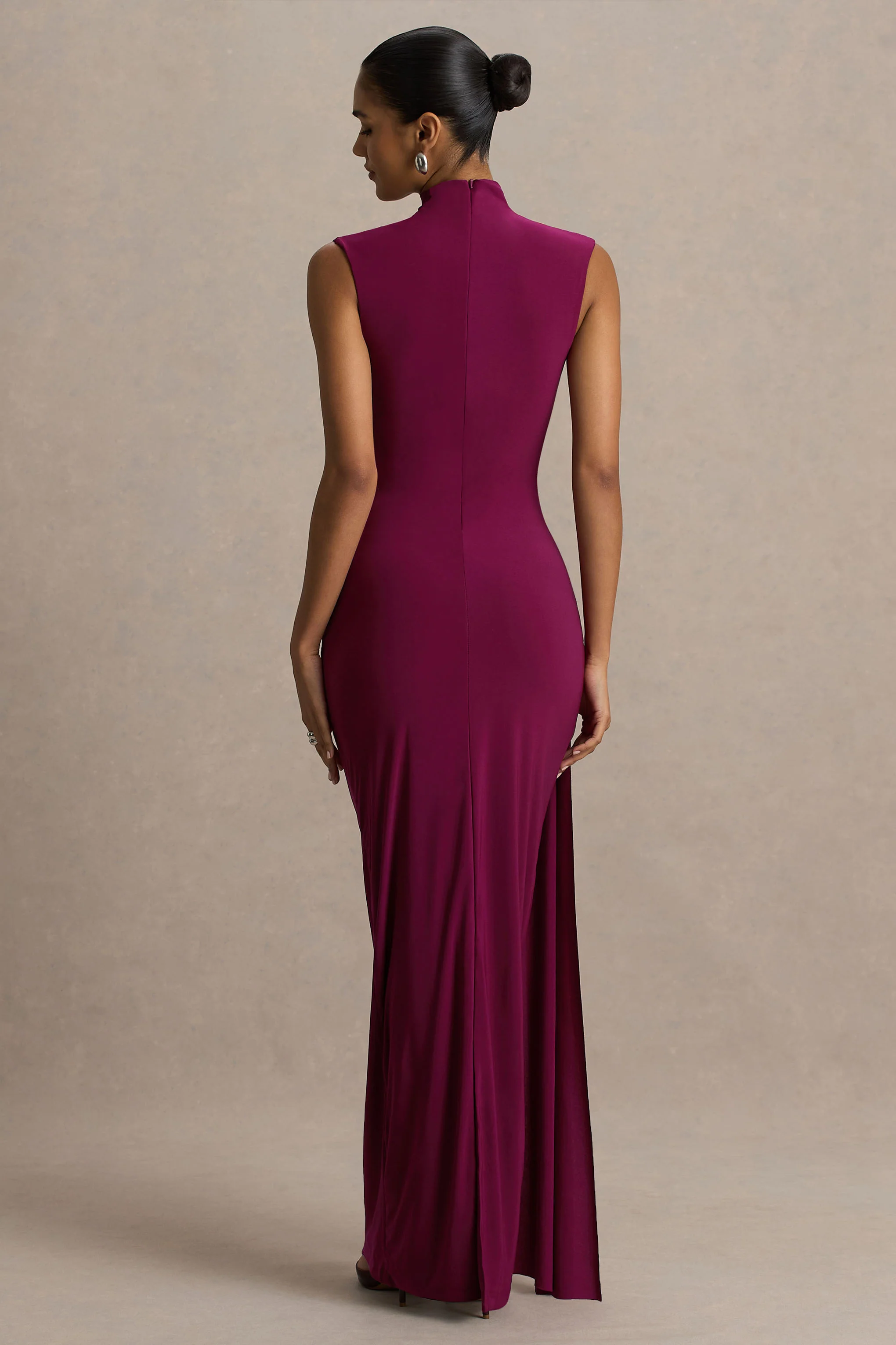 Solene | Burgundy High-Neck Maxi Dress With Wrap And Drape Detail