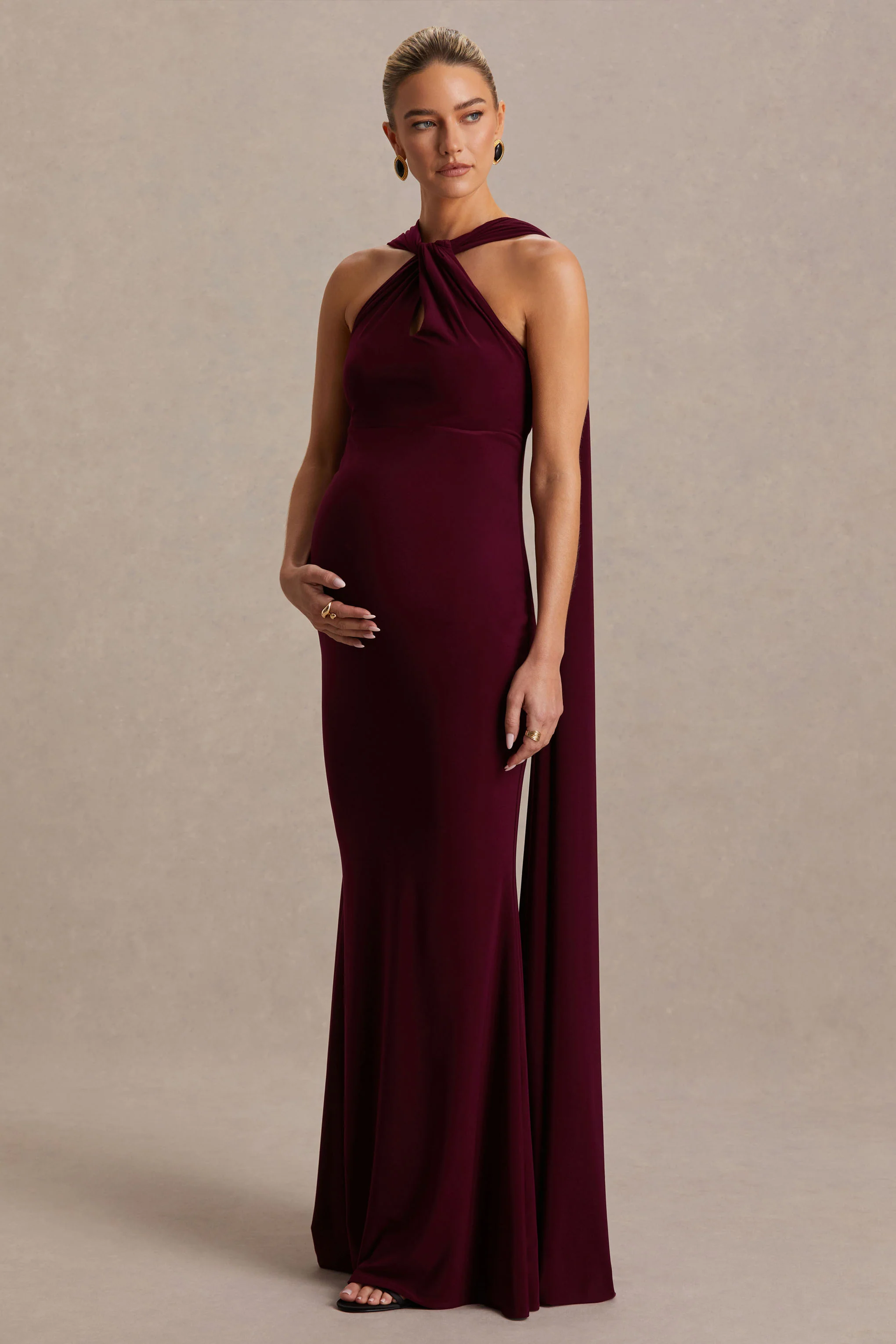 Lyra | Burgundy Cross Halter-Neck Maternity Maxi Dress With Cape