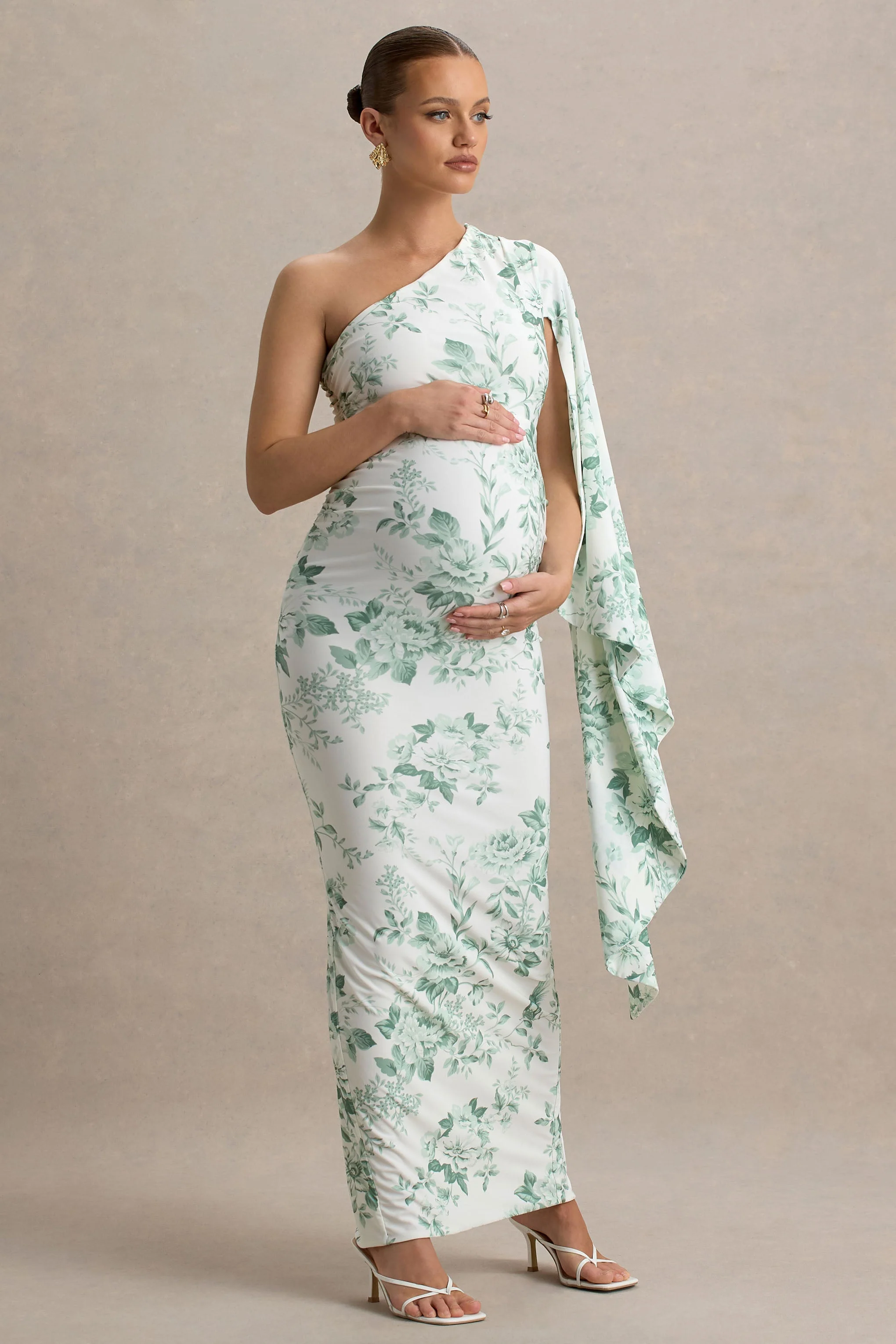 Aliana | Green Porcelain Print Asymmetric Maternity Maxi Dress With Ruched Detailing