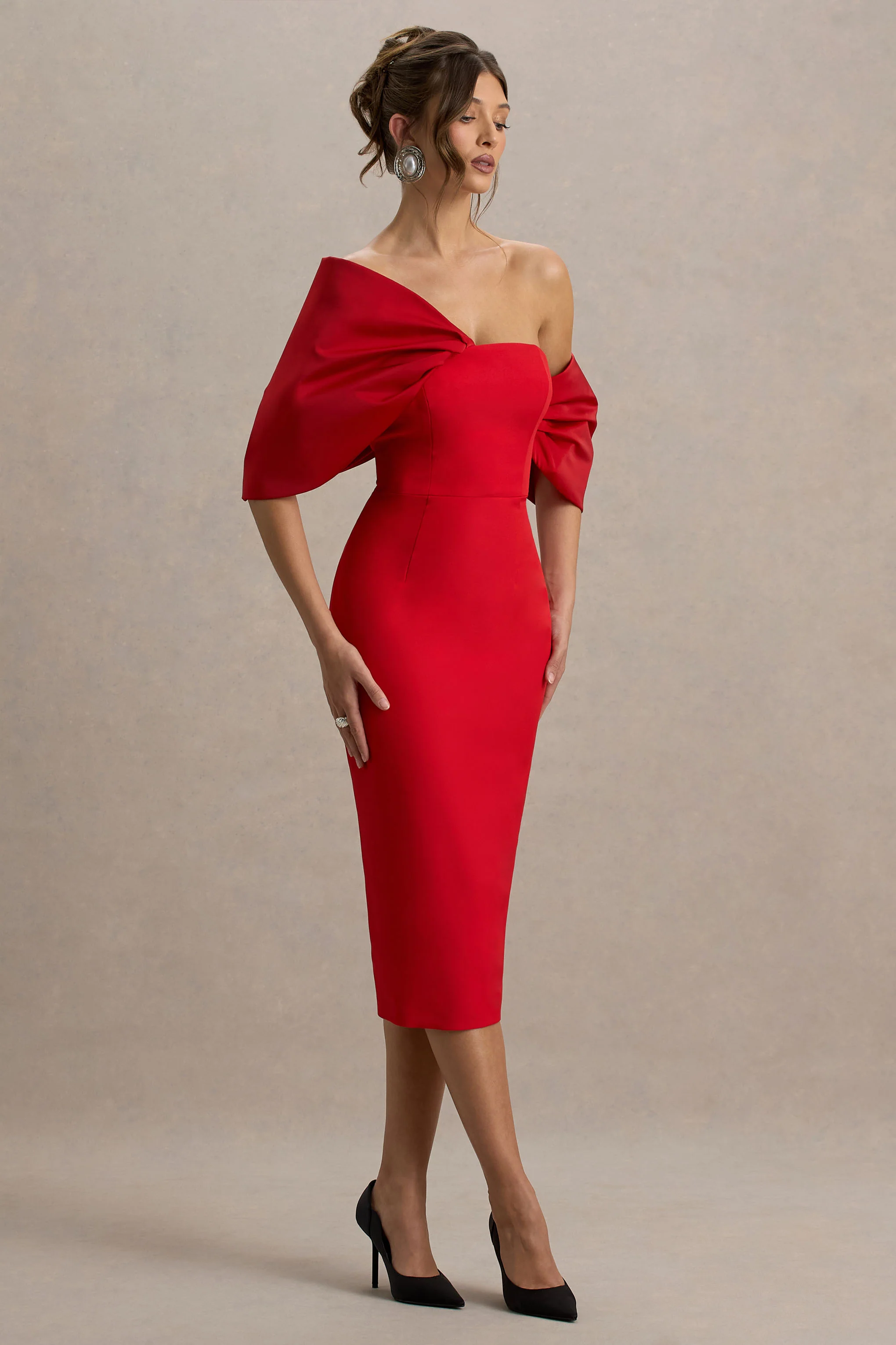 Lucille | Red Asymmetric Bardot Midi Dress
