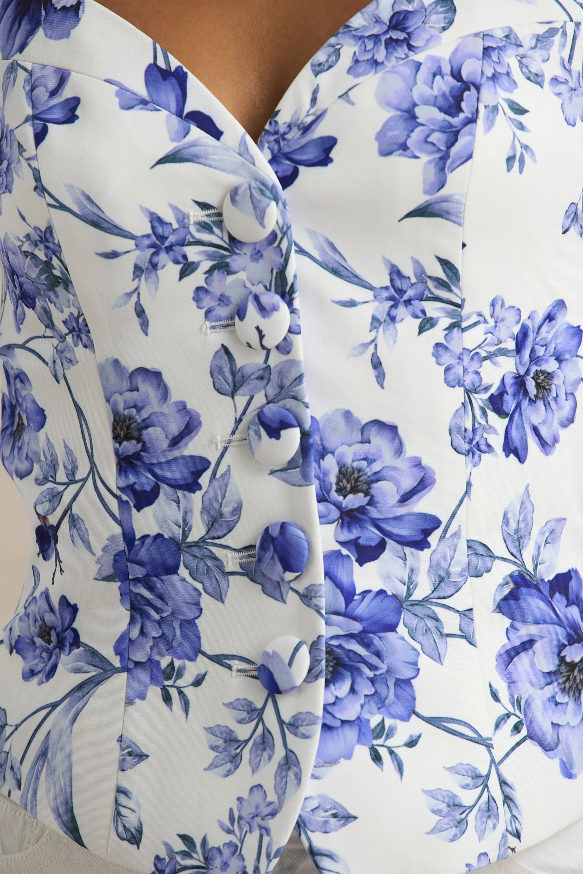 Olympia | Blue Floral Print Sweetheart-Neck Tailored Top