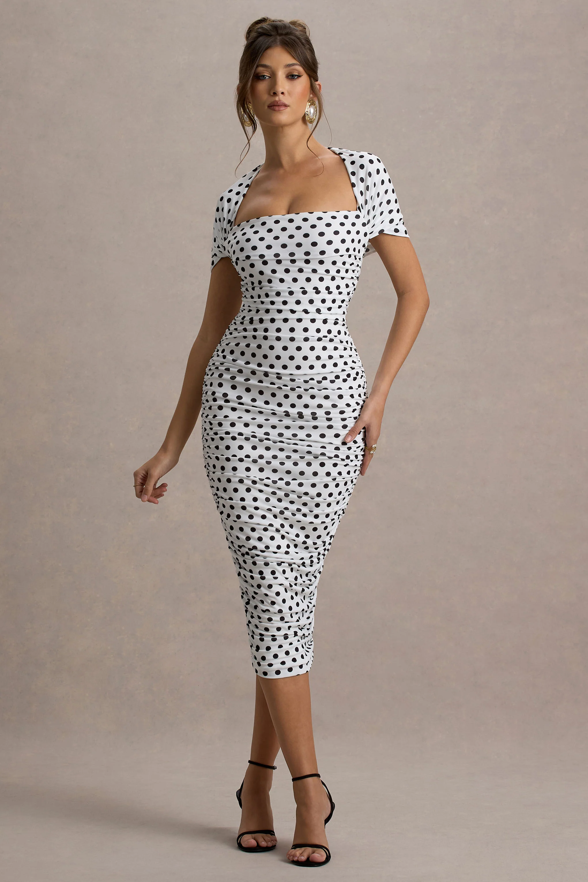 Paxos | White Polka Dot Ruched Short-Sleeve Midi Dress