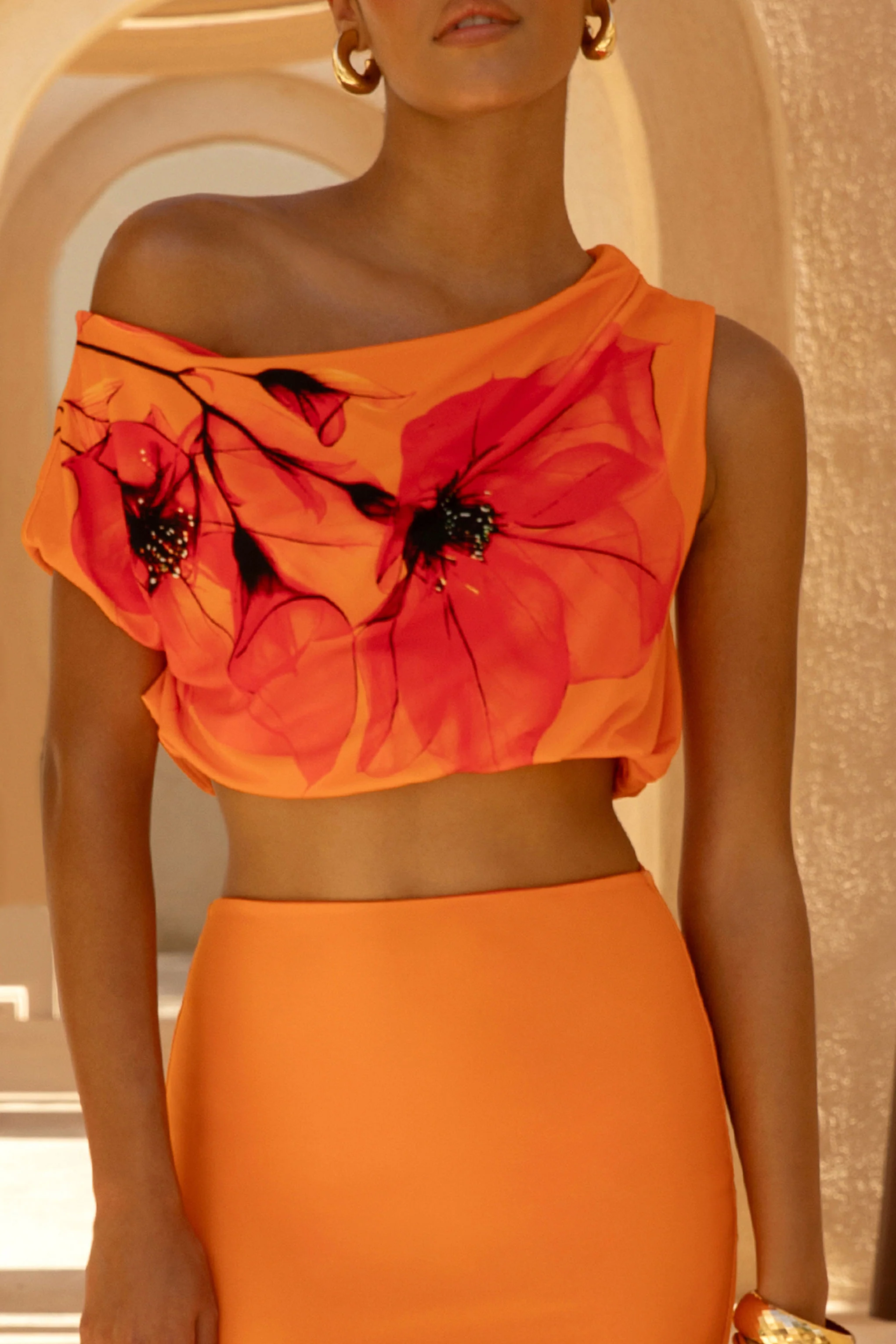 Lia | Orange And Red Placement Floral Print Asymmetric Crop-Top