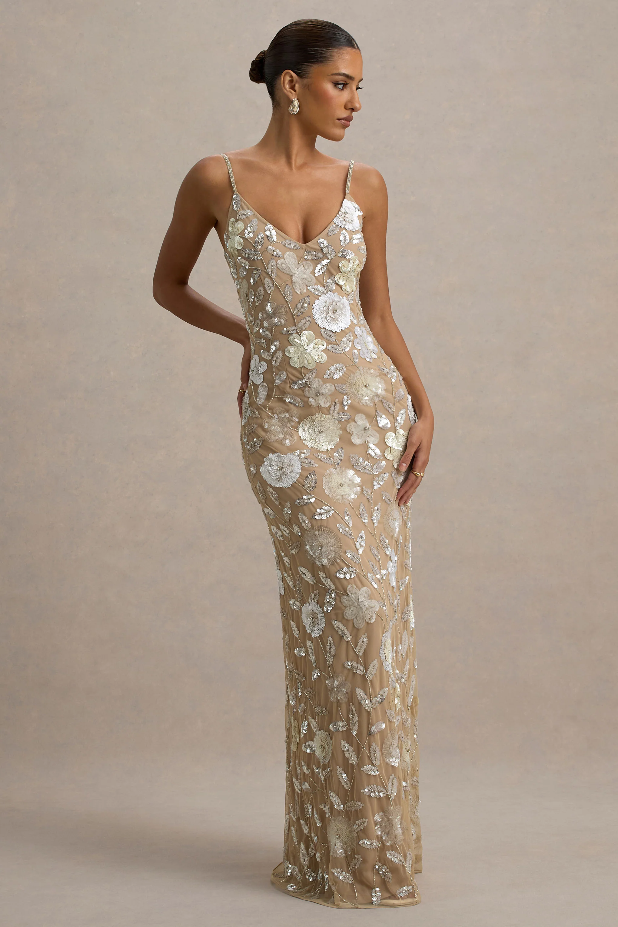 Gemini | Floral Sequin Hand-Embellished Strappy Maxi Dress