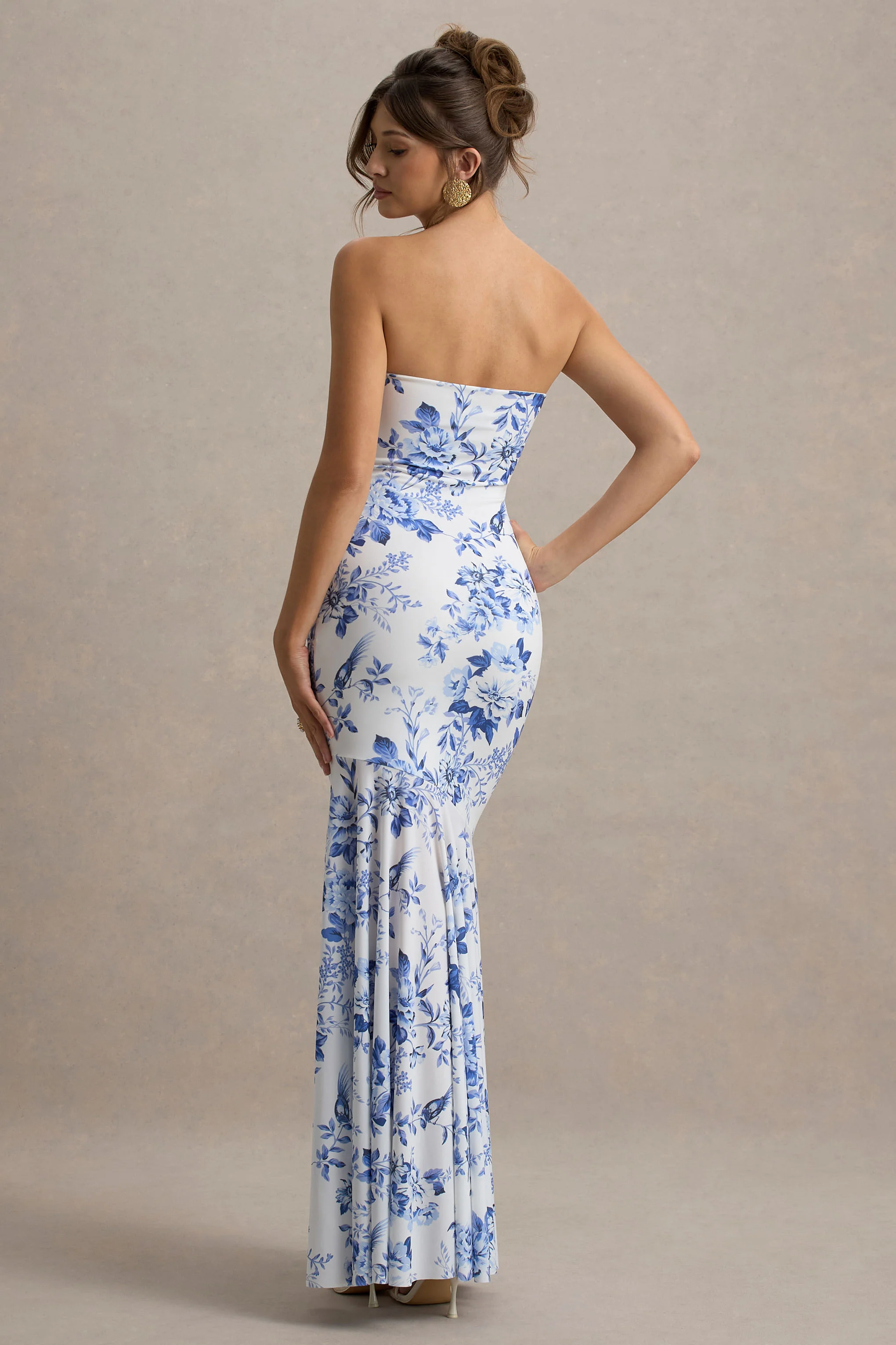 Callie | Blue Porcelain Print Bandeau Fishtail Maxi Dress