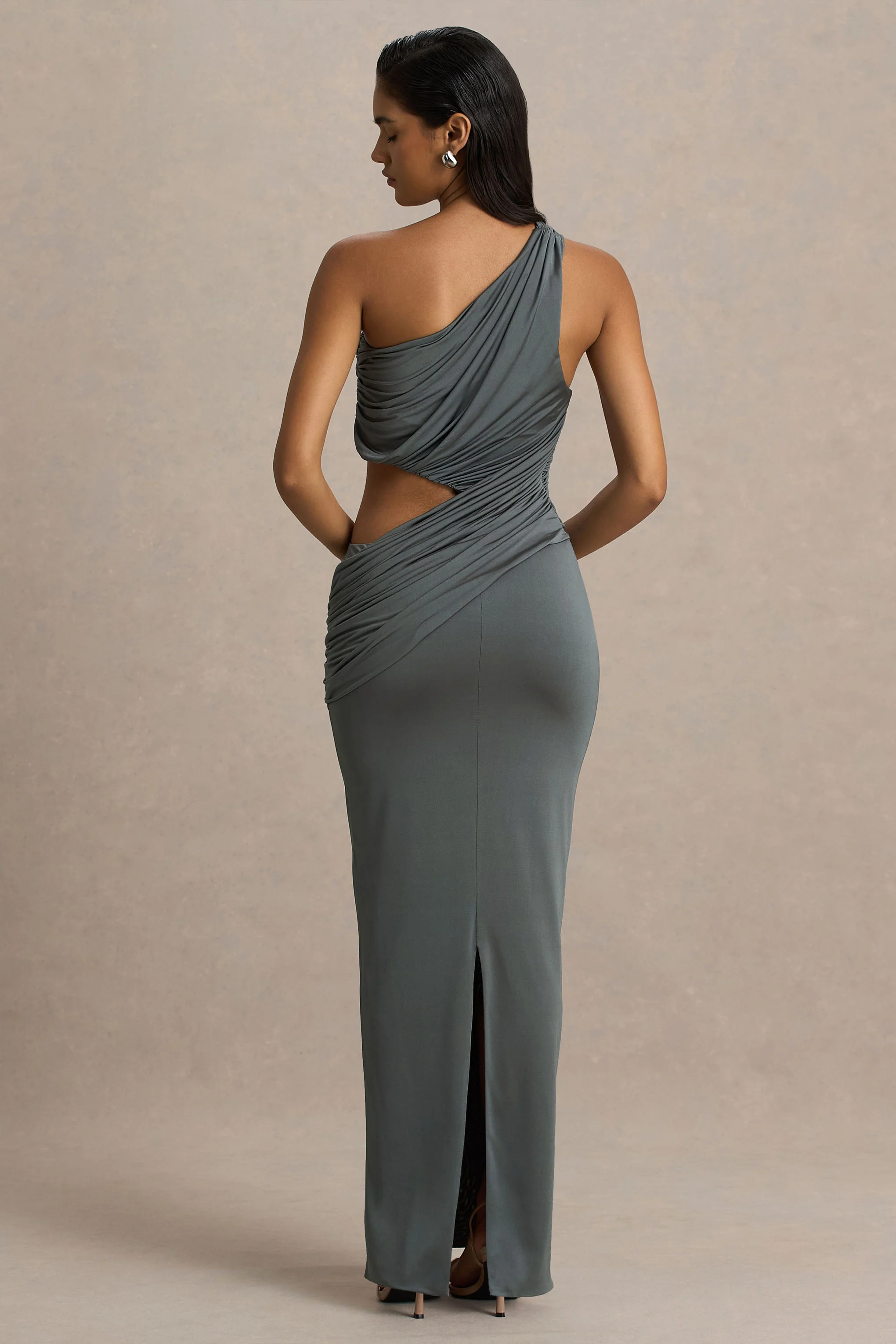Serefine | Grey Asymmetric-Neck Maxi Dress With Body Cut-Out