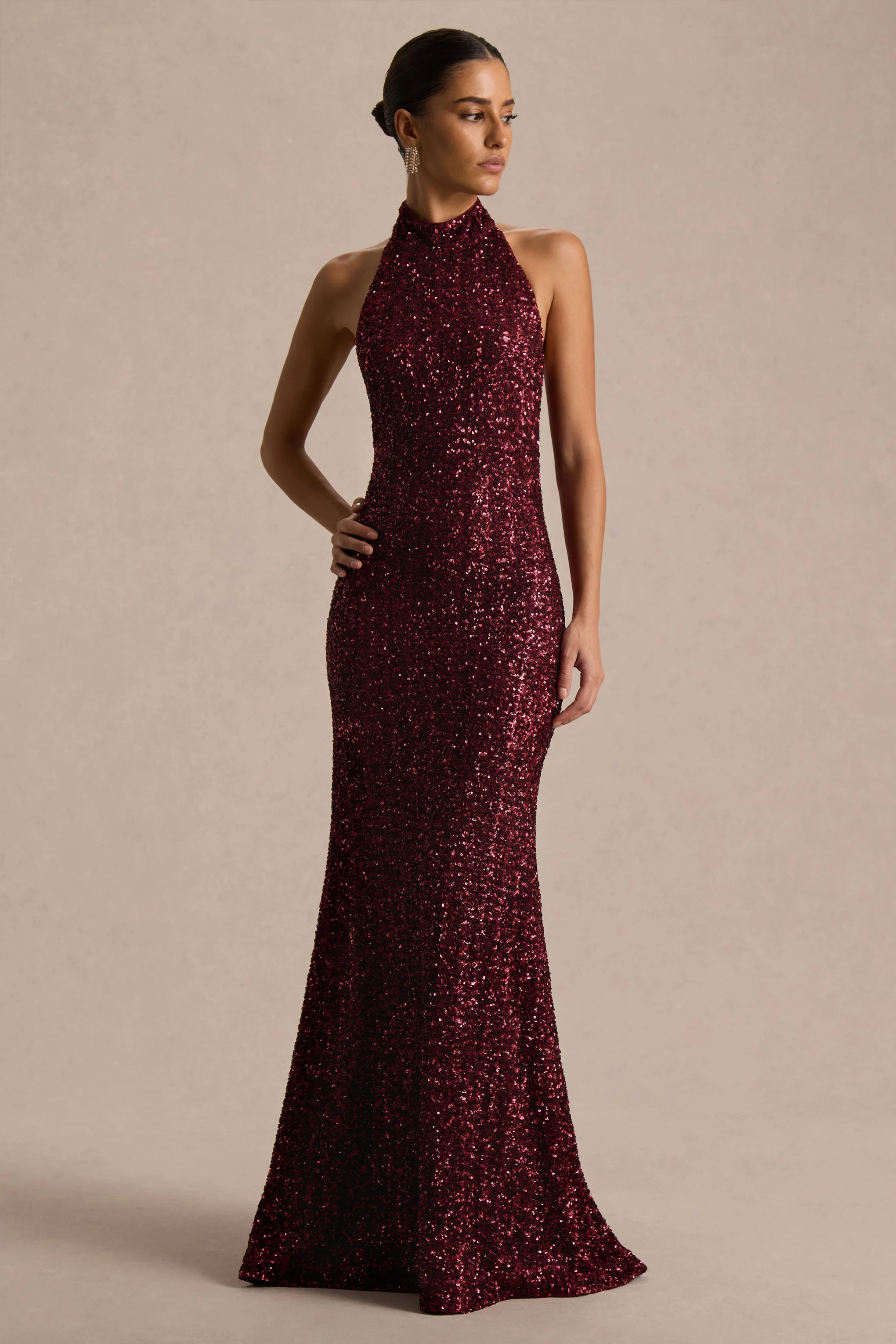 Tulia | Burgundy Sequin High-Neck Maxi Dress