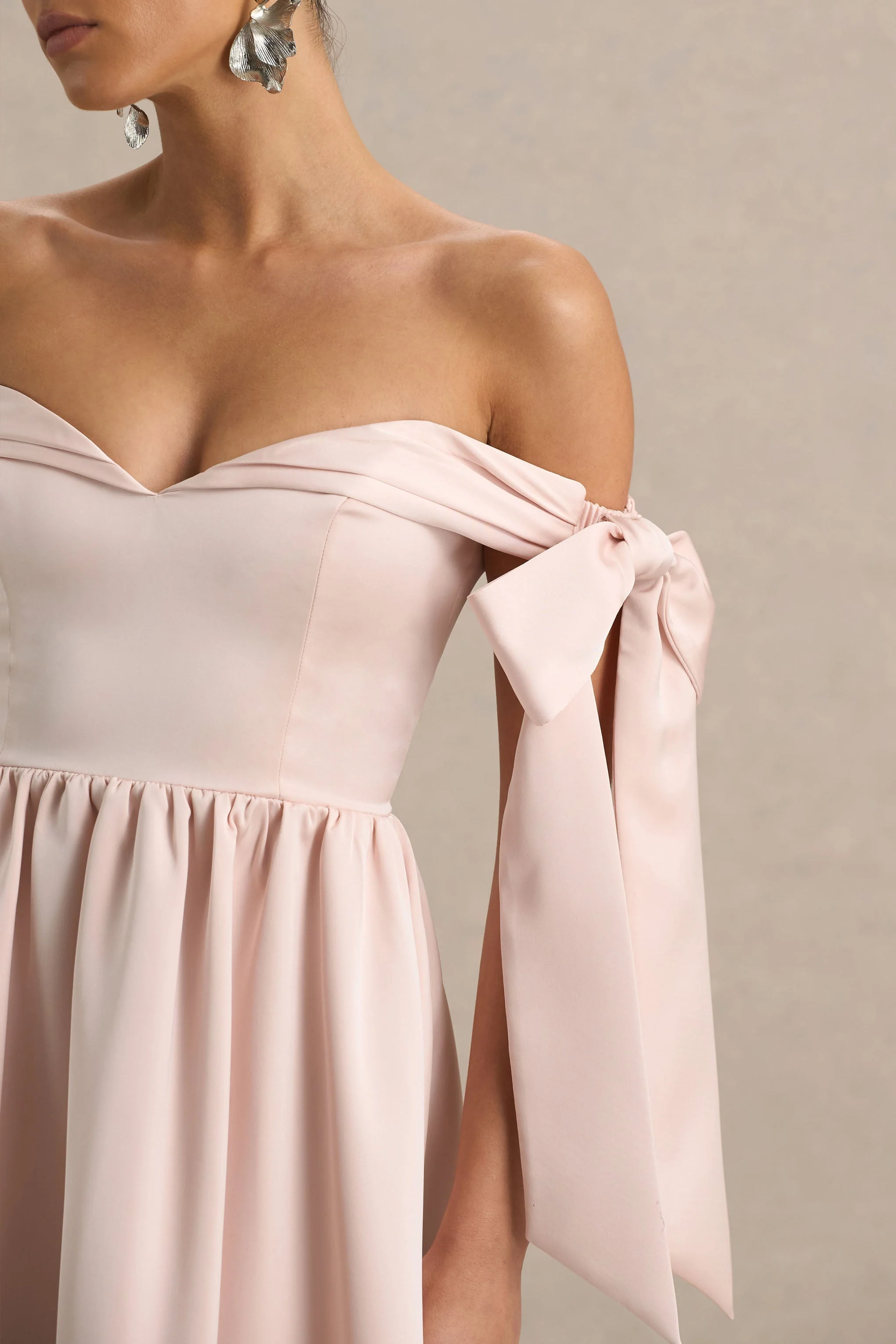 Agafay | Rose Pink Satin Short-Sleeve Bardot Wrap Midi Dress With Bow Detail