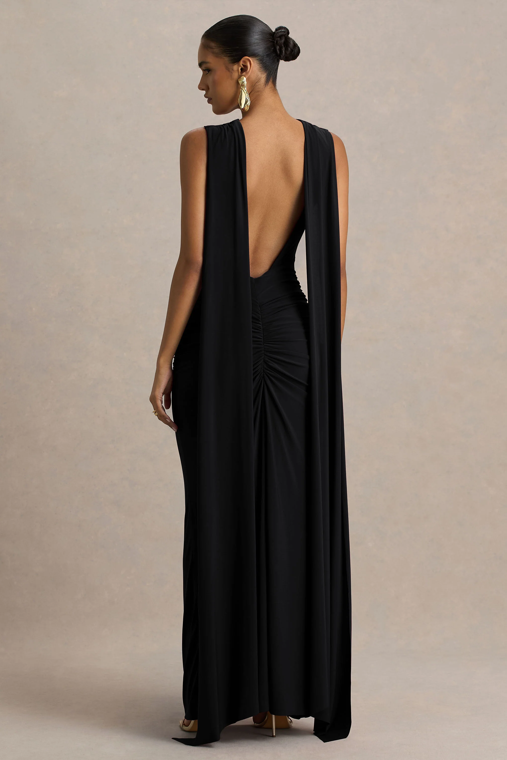 Premiere | Black Boat-Neck Maxi Dress With Open-Back And Cape-Sleeves
