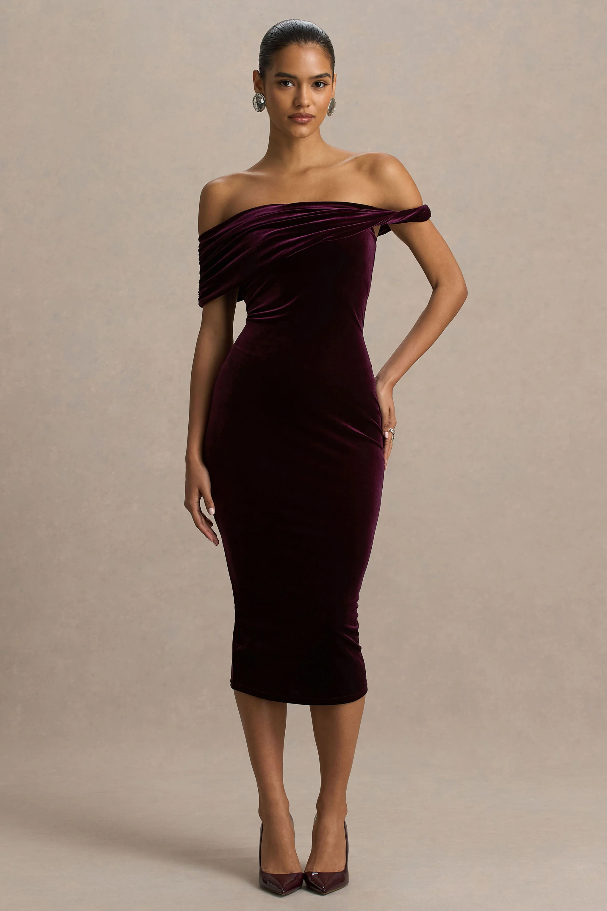 Billie | Burgundy Velvet Bardot-Neck Midi Dress With Twist-Sleeve