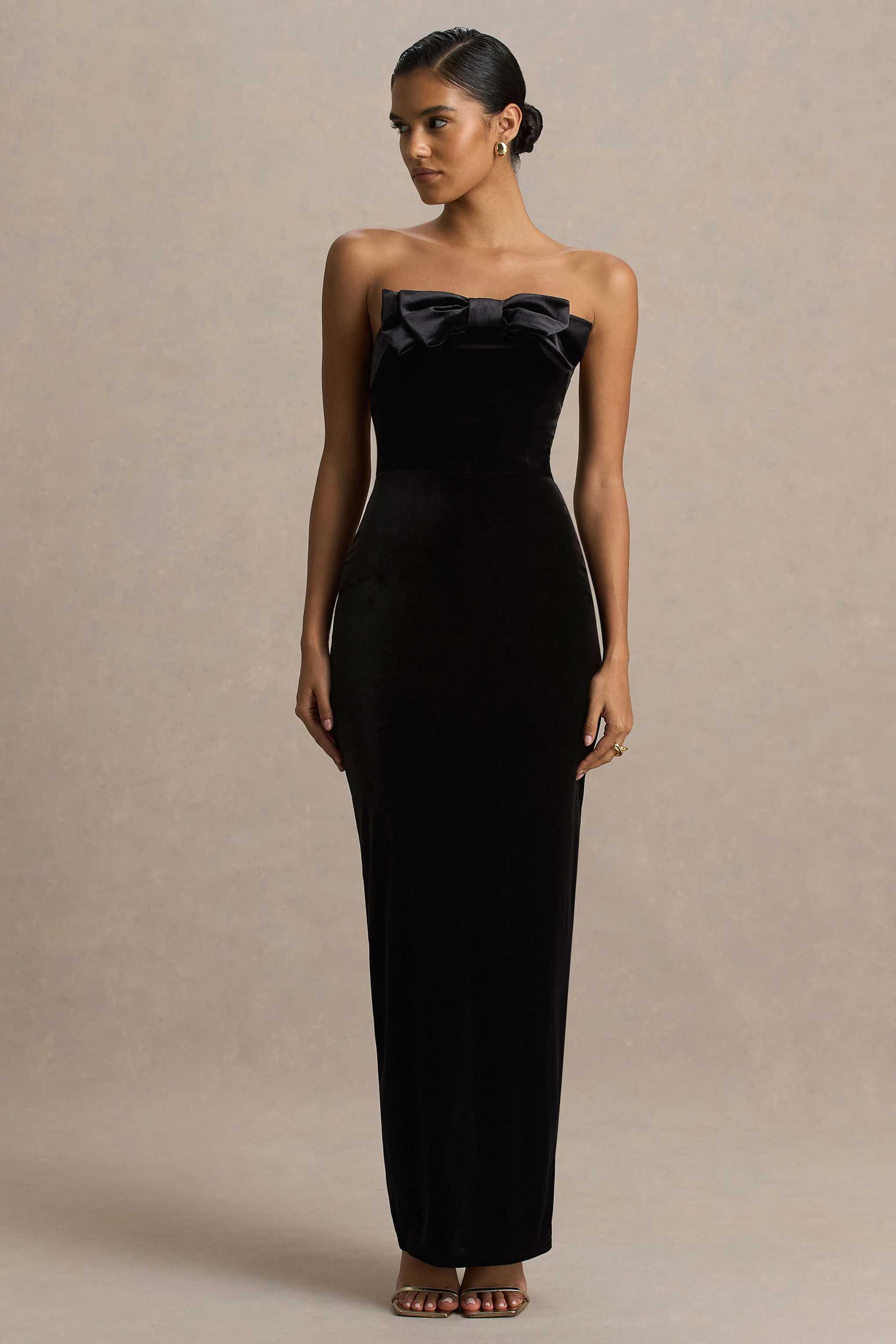 Illusion | Black Velvet Bandeau Maxi Dress With Bow Detail