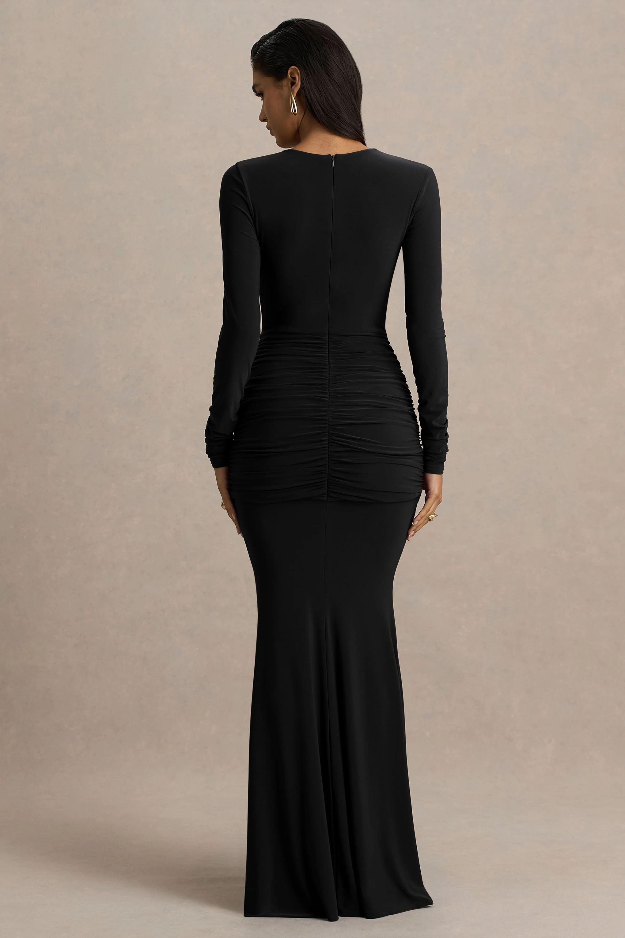 Saffie | Black Extreme-Plunge Wrap Maxi Dress With Long-Sleeves And Ruched Detailing