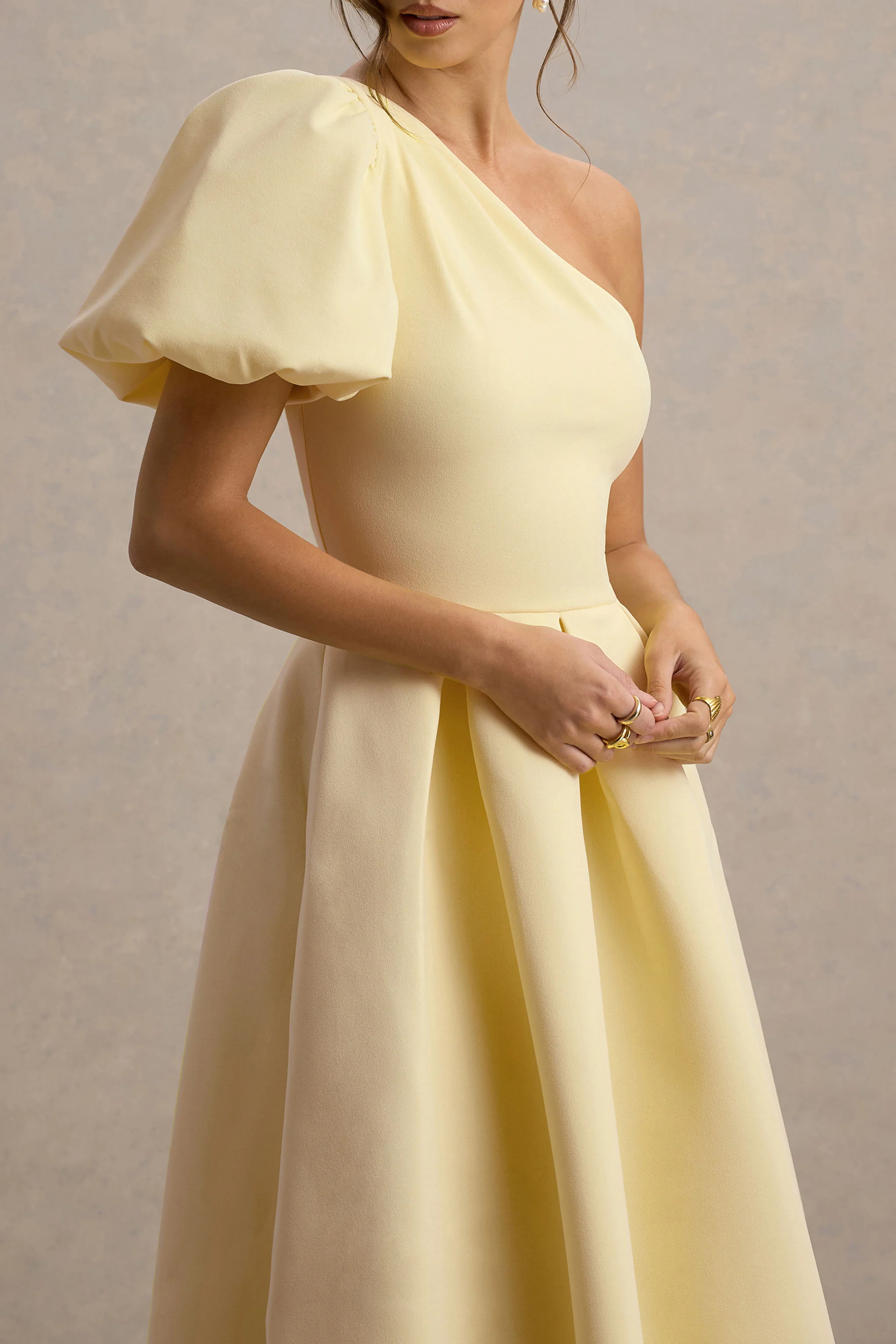 Rochelle | Pale Lemon Asymmetric Puff-Sleeve Midi Dress