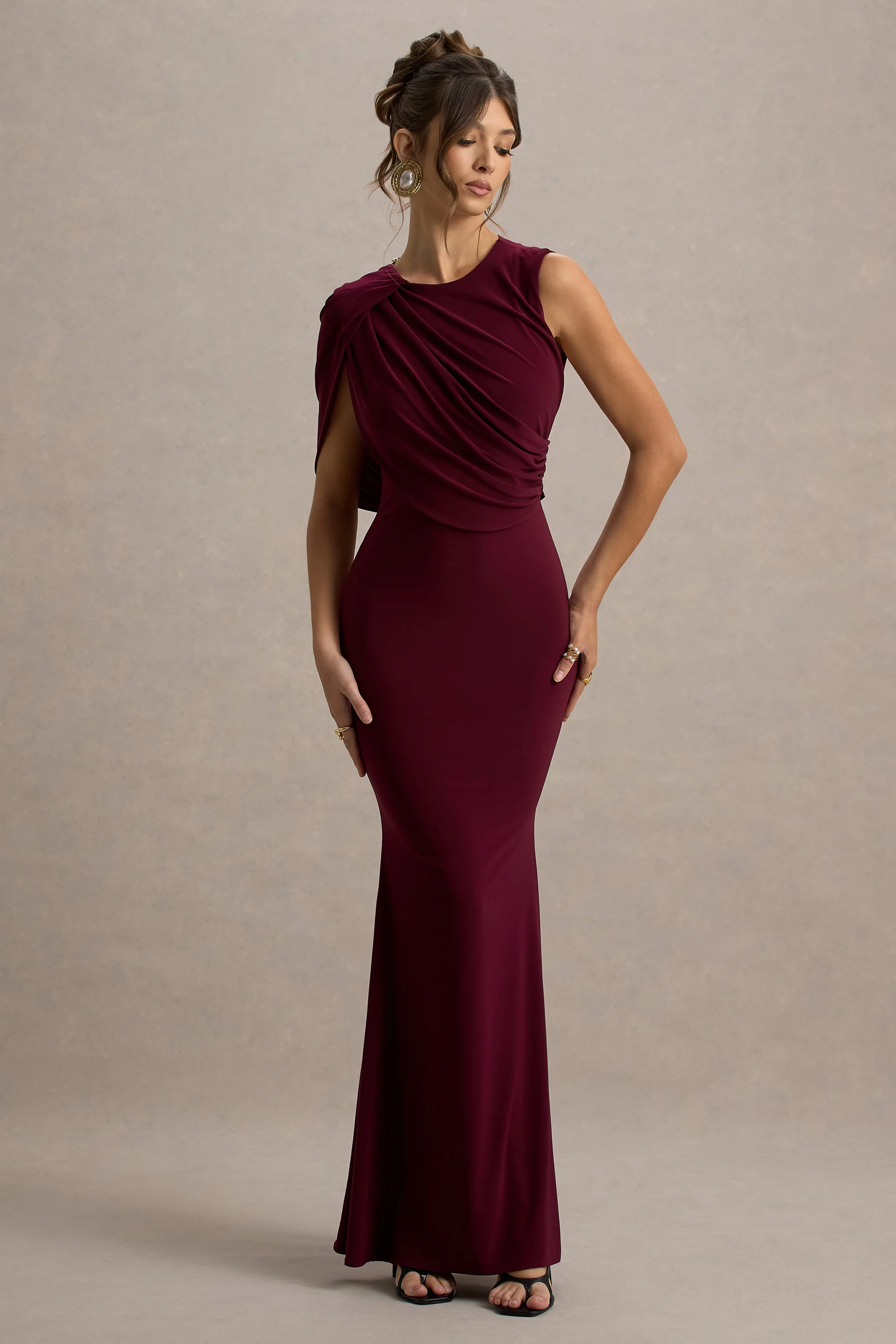 Rae | Burgundy Maxi Dress With One-Sleeve Cape