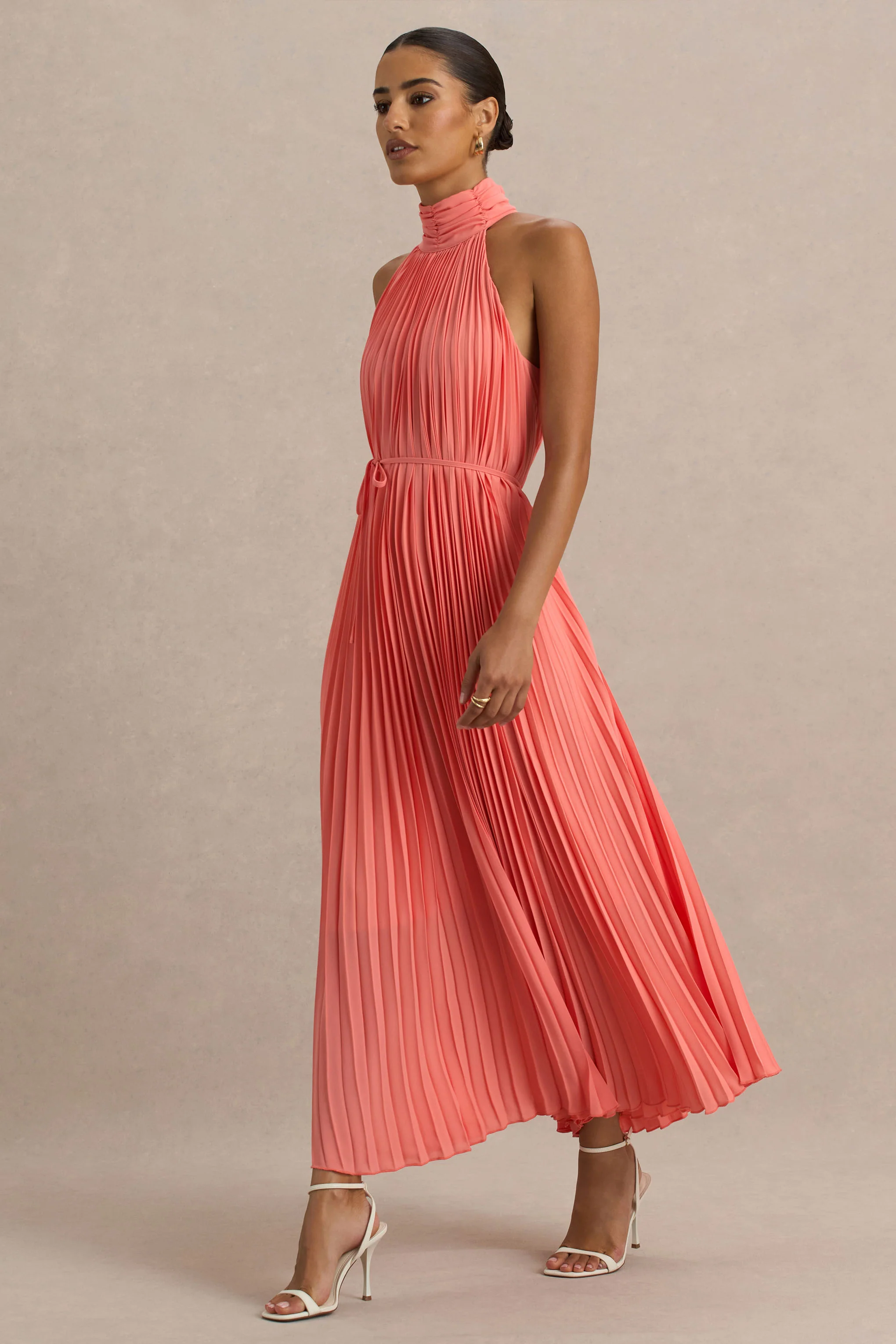 Tulip | Coral Pleated High-Neck Midi Dress