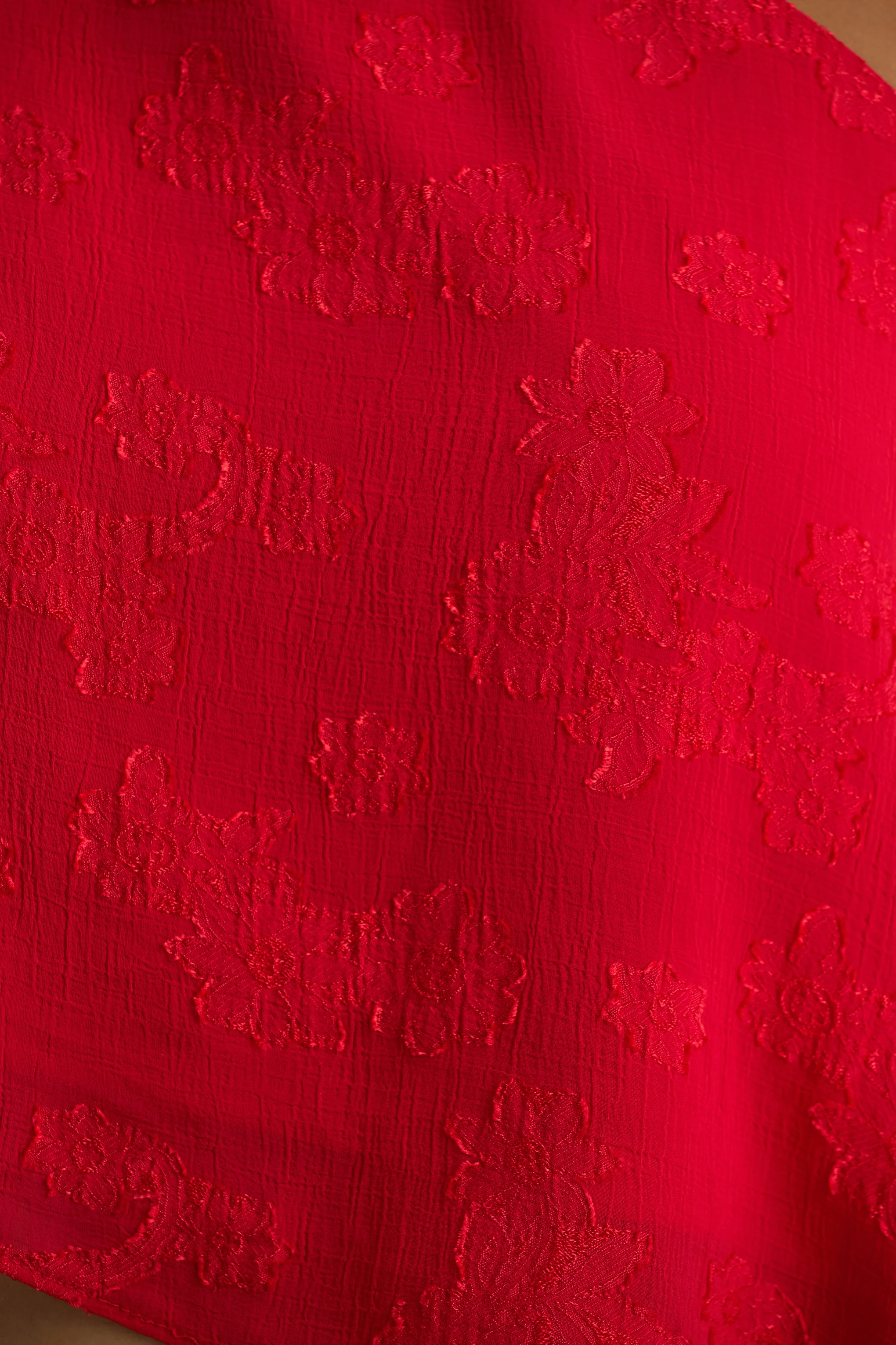 Aruba | Red Satin Devore Asymmetric Long-Sleeve Crop Top