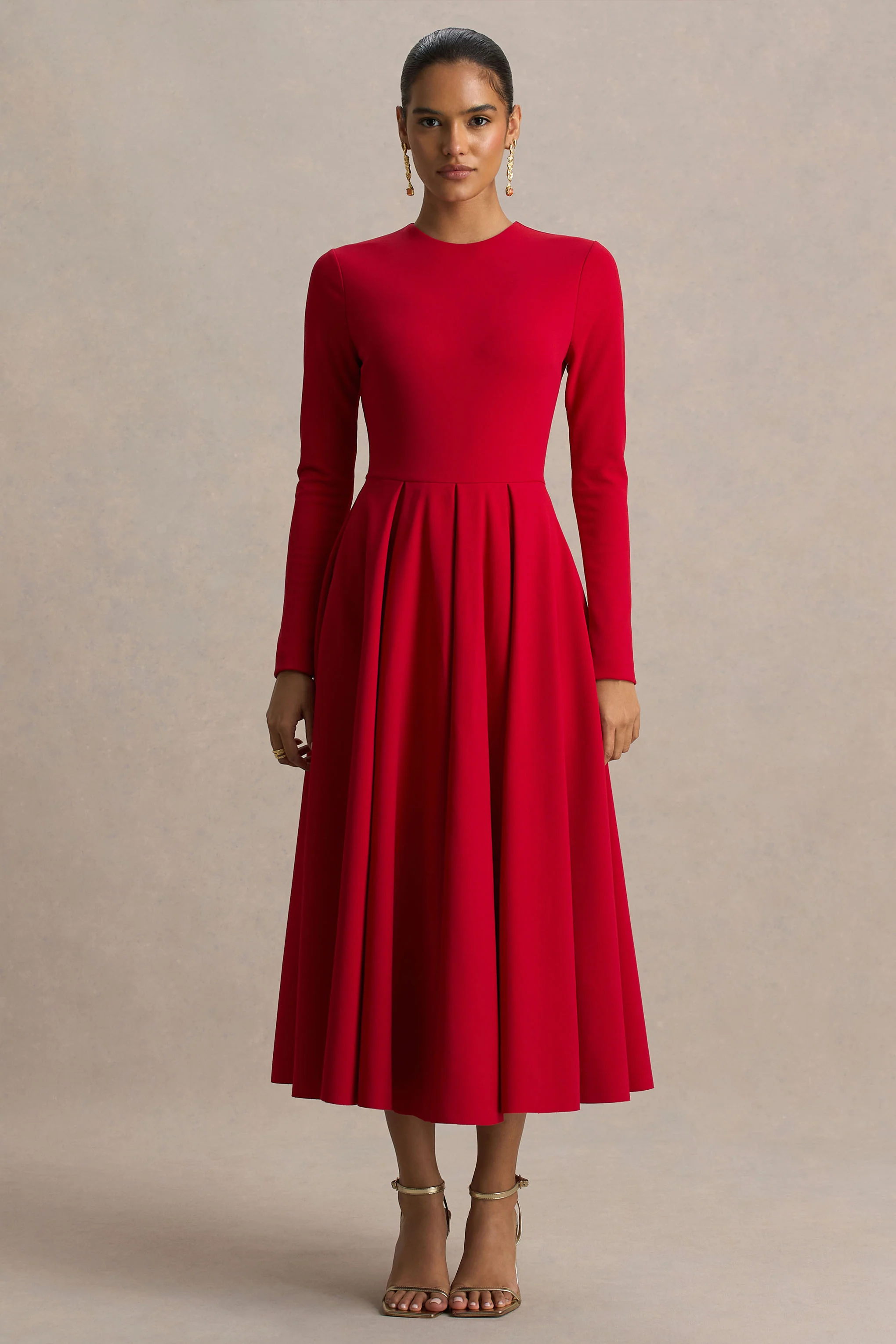 Bellamy | Red Crew-Neck Long-Sleeve Midi Dress