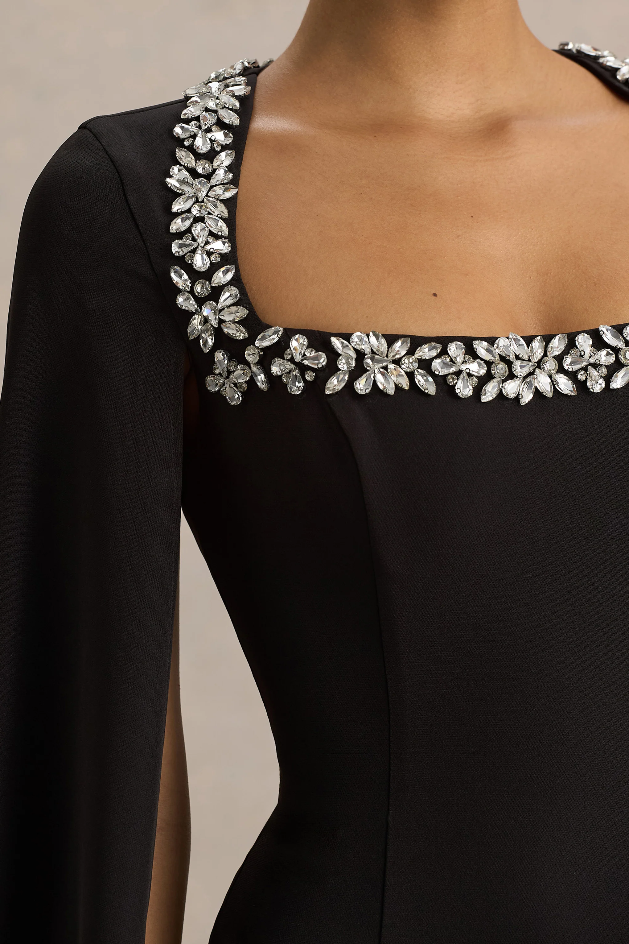 Glossy | Black Woven Square-Neck Maxi Dress With Cape Sleeves and Hand-Embellished Detail